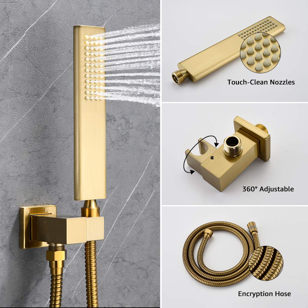 Brushed Gold Rain Shower System with Waterfall Tub Spout - 3 Function Shower Faucet Set Includes 12 Inch Shower Head & Handheld - Brushed Brass Shower Trim Kit (Valve Included) - Perfect for Modern Bathroom & Spa Experience