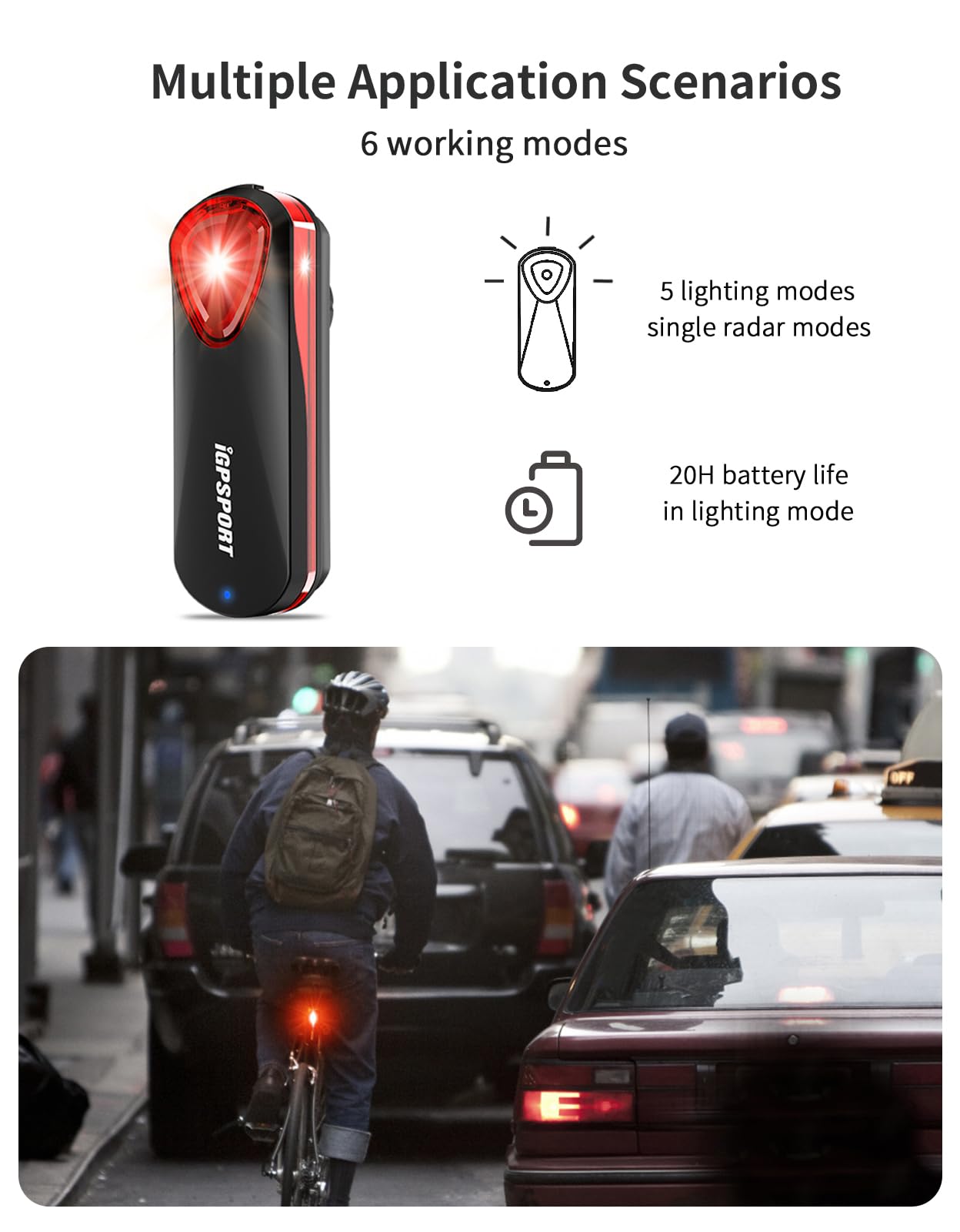 iGPSPORT SR30 Bike Rear Light with Radar - 20H Battery Life, 150M Detection Range, IPX7 Waterproof, USB Rechargeable Cycling Tail Light for Road & Mountain Bikes - Perfect for Night Riding and Commuting Safety