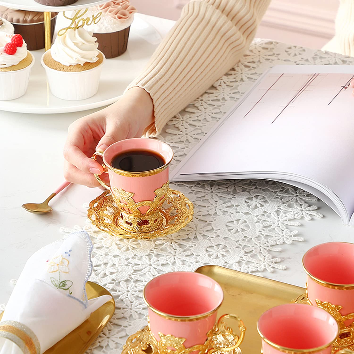 Premium Espresso & Turkish Coffee Cups Set of 6 with Saucers - 2.8oz Porcelain Tea Cups for Women (White & Gold) - Perfect for Home Cafes, Gifts & Afternoon Tea Parties