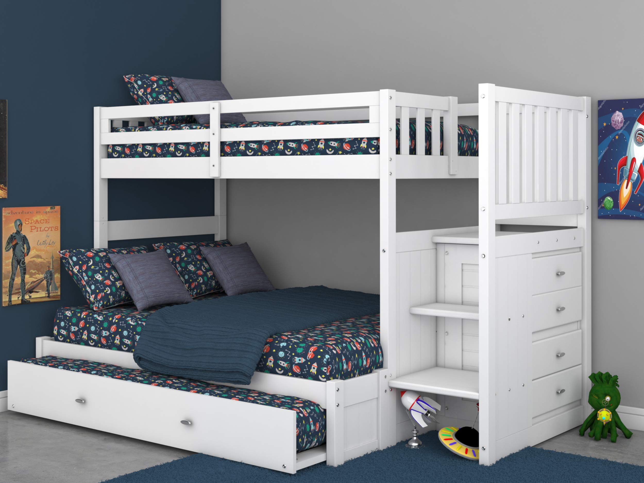 Discovery World Furniture Twin Over Full Stair Stepper Bunk Bed with Trundle in White Finish - Space-Saving Kids Bedroom Solution for Siblings or Sleepovers