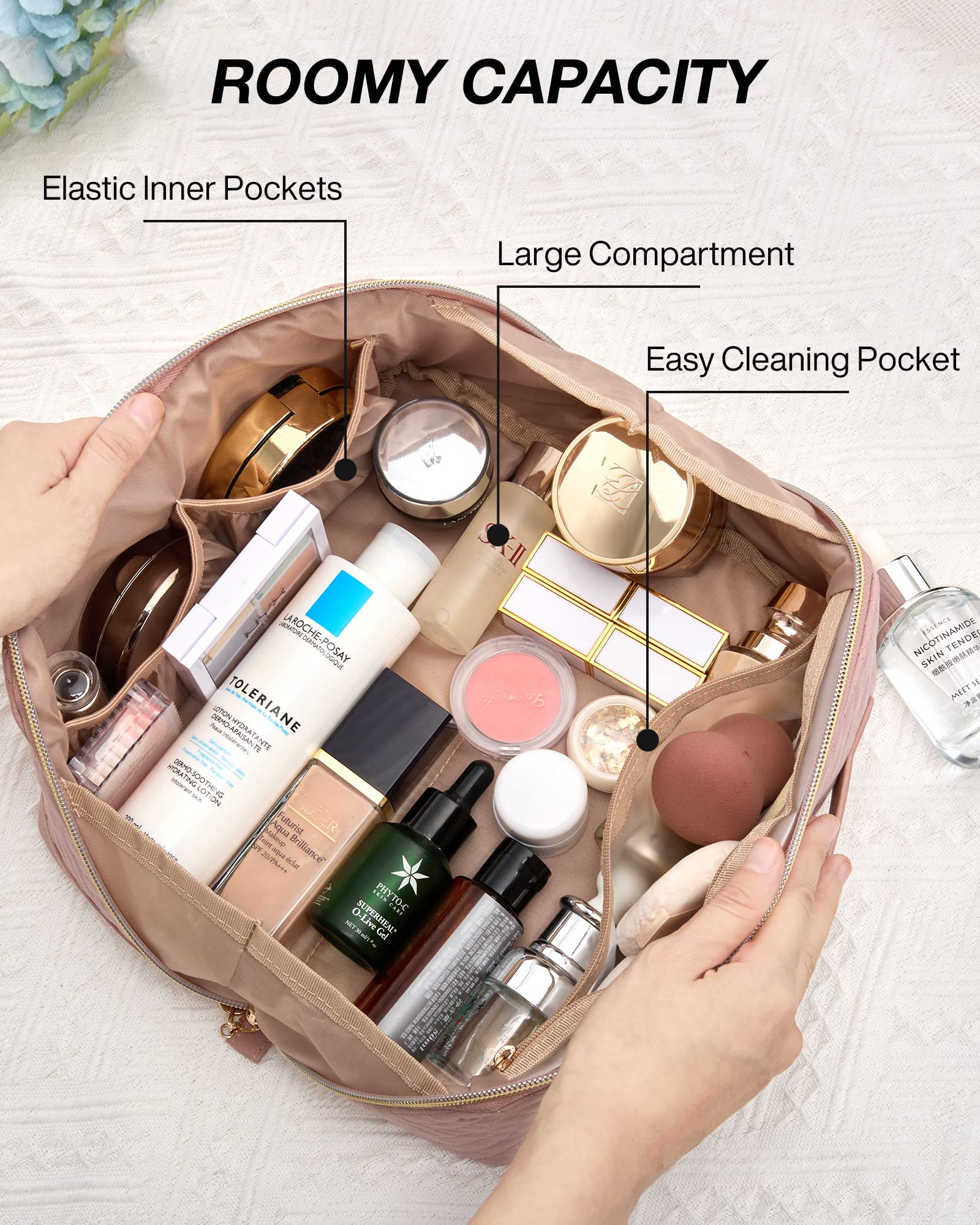 BAGSMART Water-Resistant Makeup Bag for Women - Travel Cosmetic Organizer with Flat Opening Design, Portable Toiletry Pouch for Brushes & Beauty Essentials (Pink) | Perfect for Travel, Gym & Daily Makeup Storage