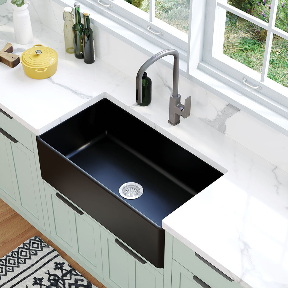 Fienza 68708 Benson Large Single Butler Sink in Matte Black - Premium Farmhouse Kitchen Sink for Modern & Rustic Home Decor