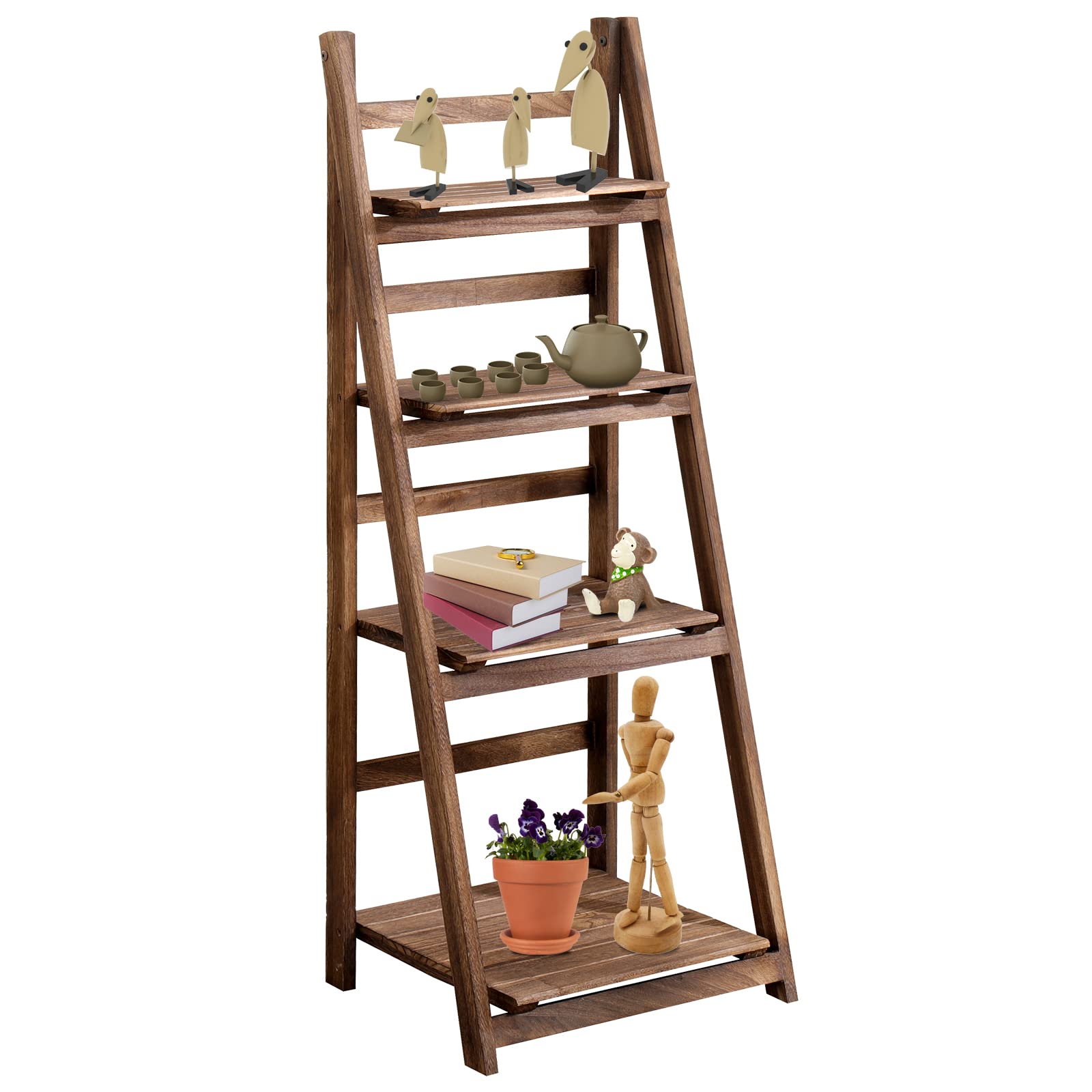 4-Tier Folding Ladder Shelf - Wooden Plant & Decor Display for Living Room, Bedroom