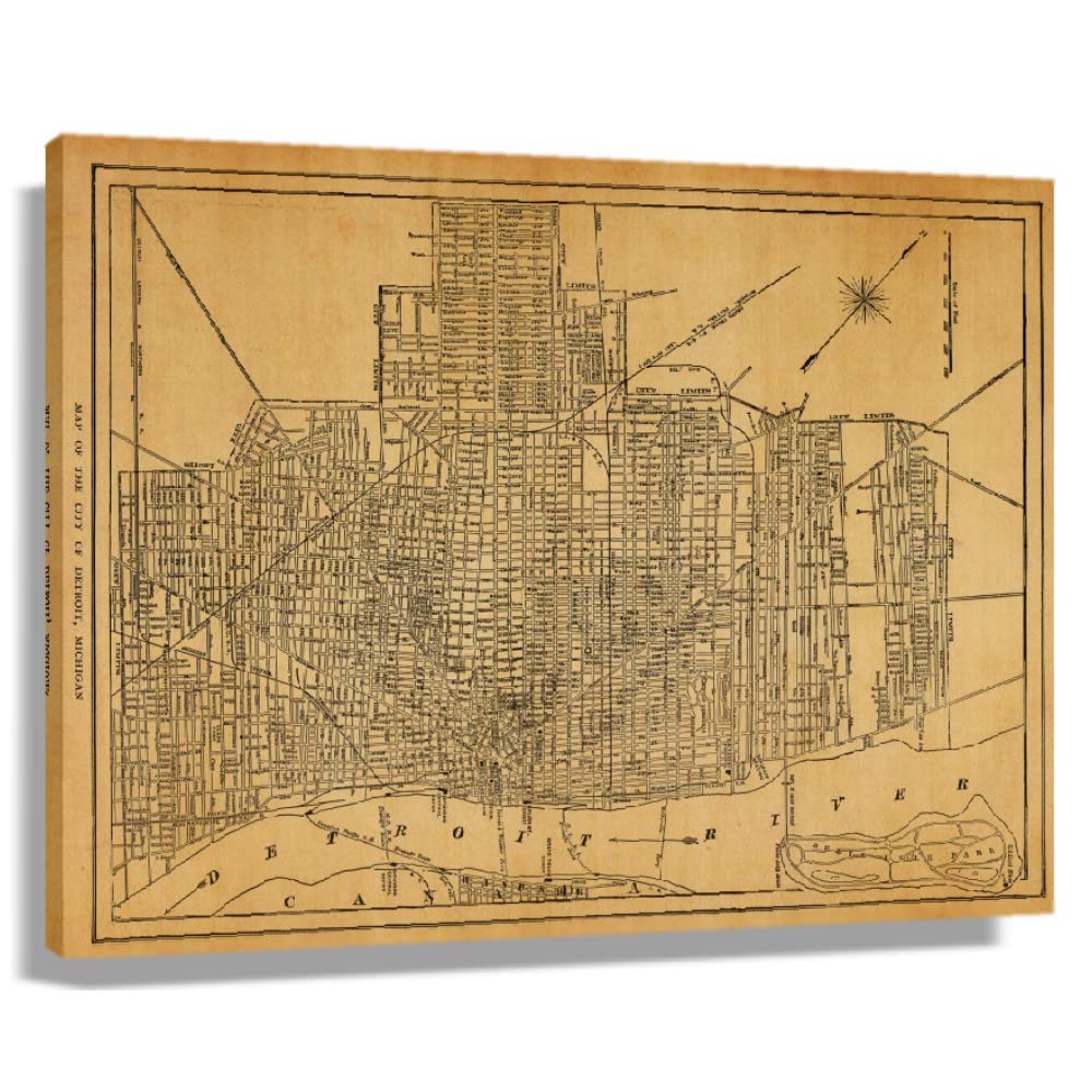 Vintage Michigan Detroit Street Map Poster - City Map Wall Art for Living Room, Bathroom, Bedroom & Office Decor - Unframed Canvas Print (12x18 inches/30x45cm) - Perfect for Home Decoration, Gifts & Interior Design
