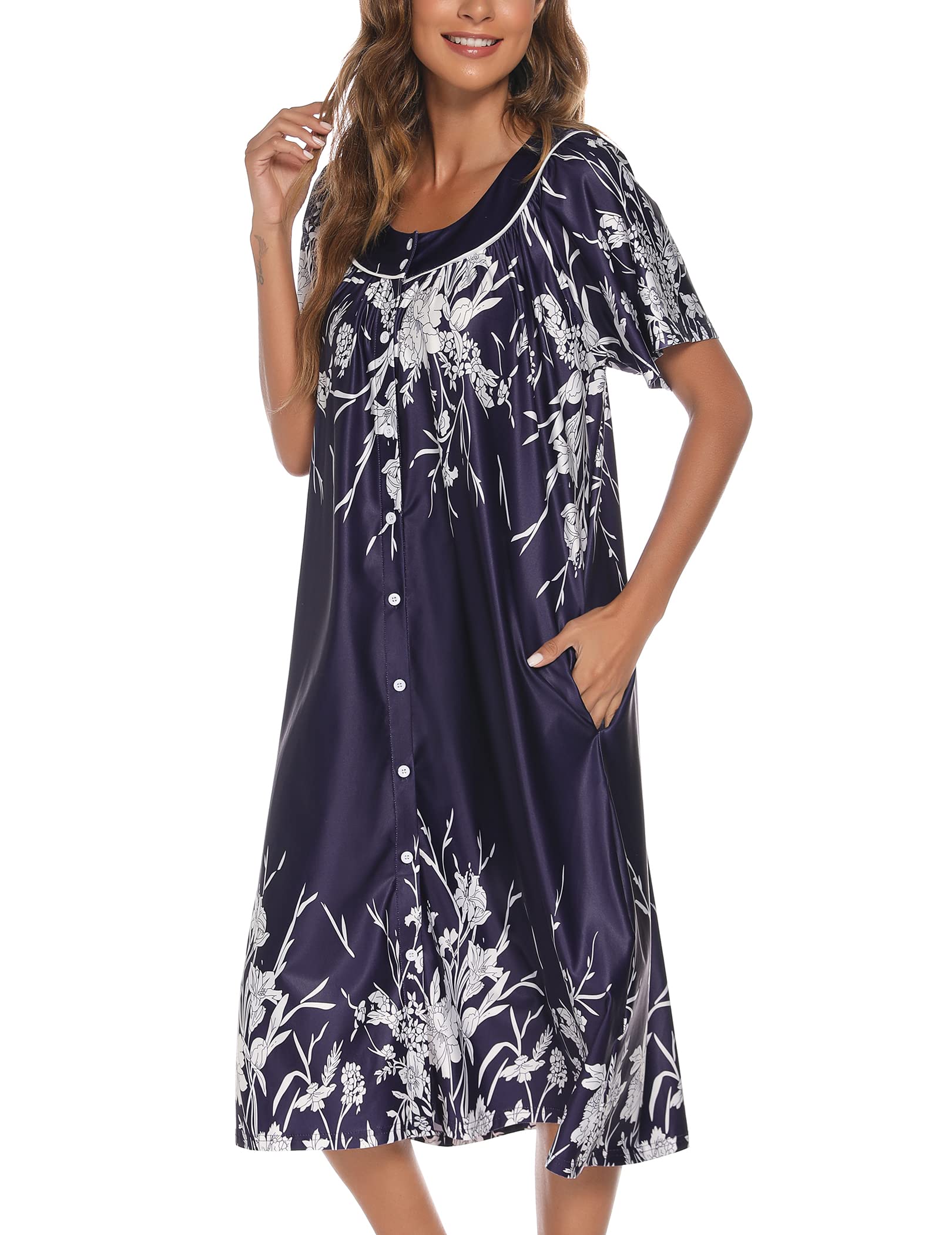 YOZLY Women's Short Sleeve House Dress - Comfortable Mumu Duster Robe with Pockets for Lounge Wear, Maternity & Postpartum - Perfect for Home, Relaxation & Nursing