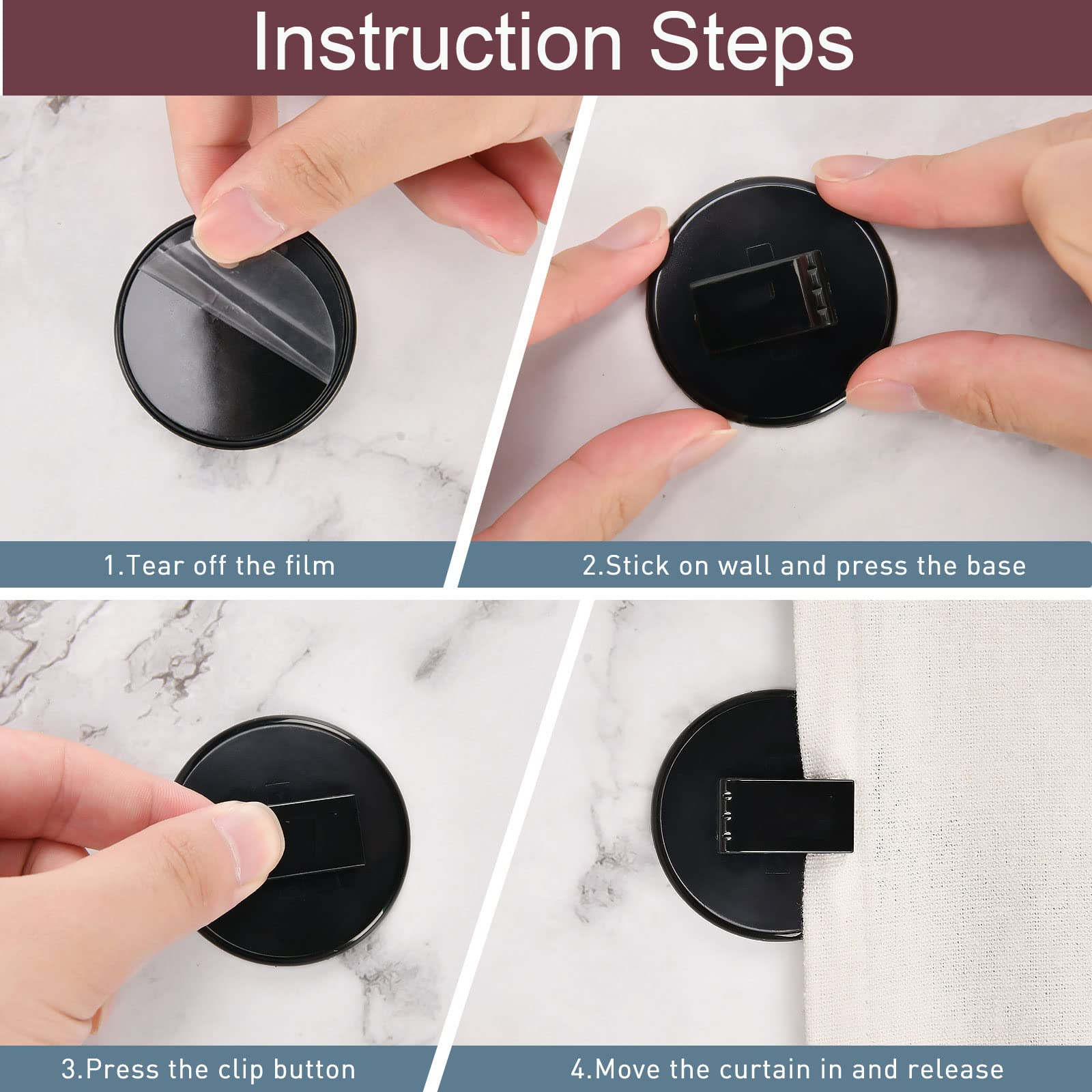 Mate Leon Windproof Shower Curtain Clips - Heavy Duty Self Adhesive Splash Guard for Bathroom (Black, 8 Pack) - Perfect for Preventing Water Leaks & Keeping Shower Curtains in Place