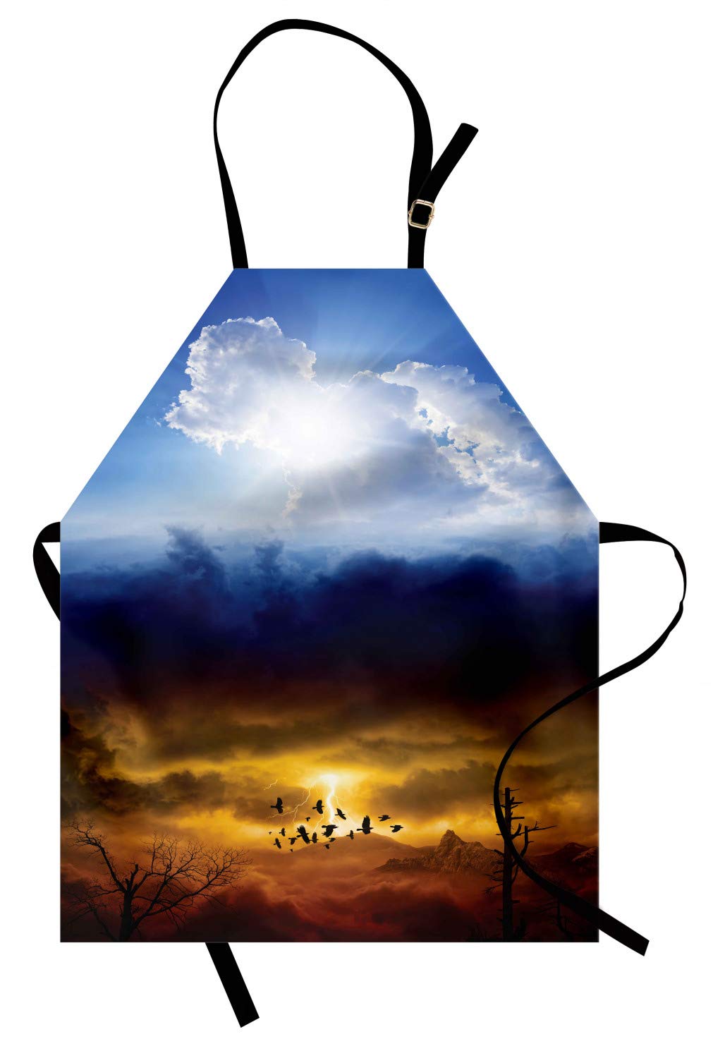 Ambesonne Landscape Apron - Sun & Stormy Sky Design with Thunder Art - Adjustable Ties for Baking, Painting & Cooking - Small Size (Blue, Orange, Black) - Perfect for Home Chefs, Artists & Outdoor BBQ Parties