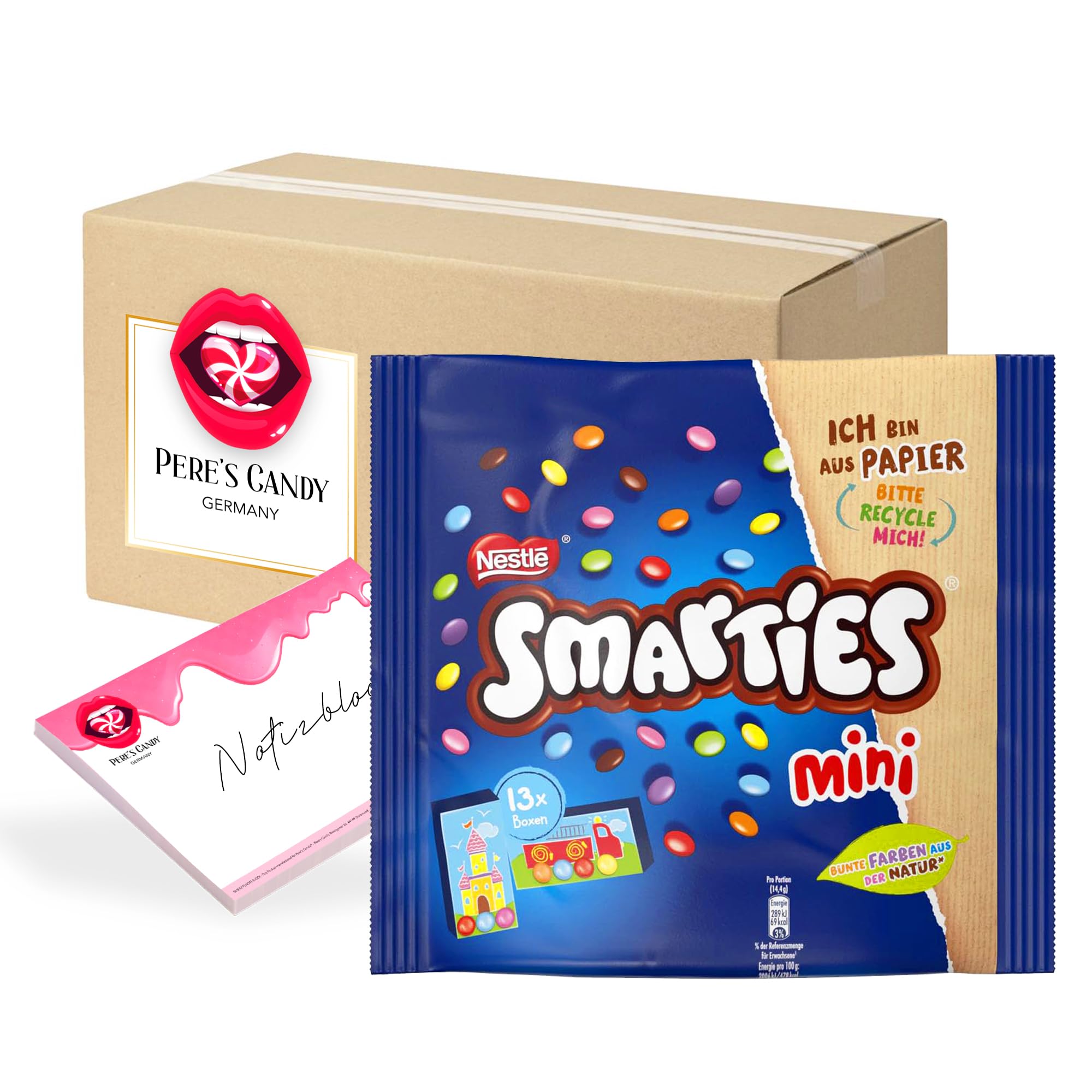 Nestlé Smarties Mini Pack 187g (2-Pack) + Pere's Candy Notepad DIN A7-25 Sheets - Perfect for Halloween Treats, Party Favors & Office Snacks