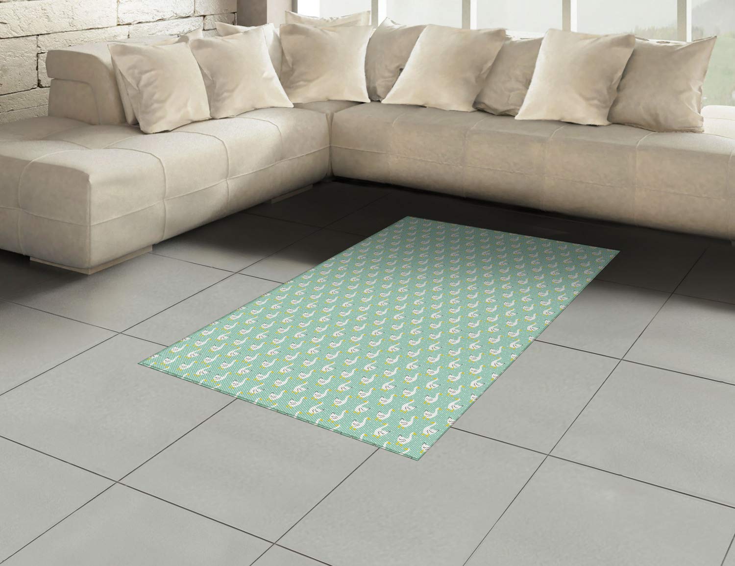 Ambesonne Goose Cartoon Animal Print Area Rug with Polka Dots, Non-Slip Flat Woven Accent Rug for Living Room Bedroom Dining Room, 4'x5'7