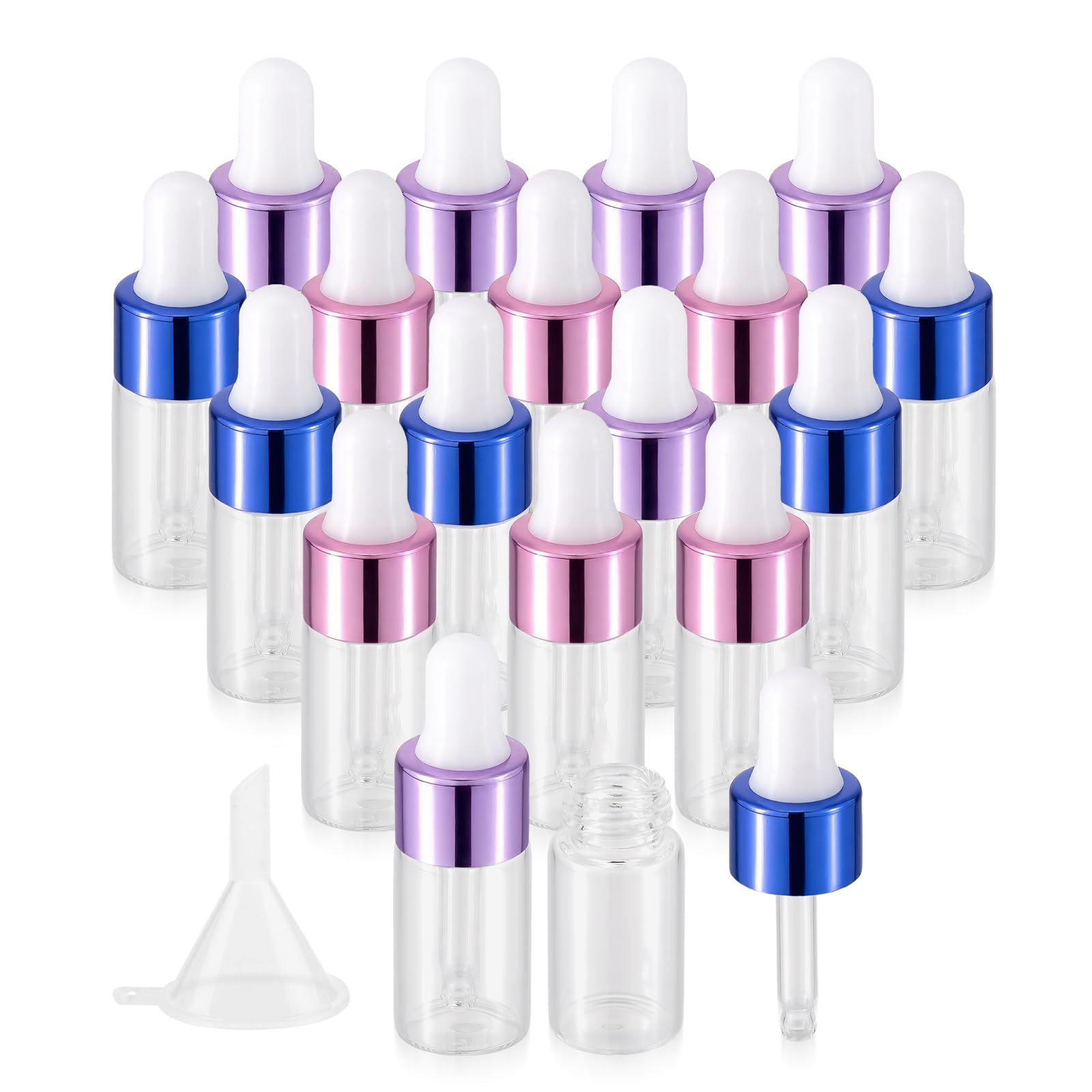 18pcs 3ml Glass Dropper Bottles with Purple Blue Pink Caps - Essential Oil Bottles, Cosmetic Sample Containers with Glass Dropper Lids + Free Funnel - Perfect for DIY Essential Oils, Perfumes, and Liquid Cosmetics