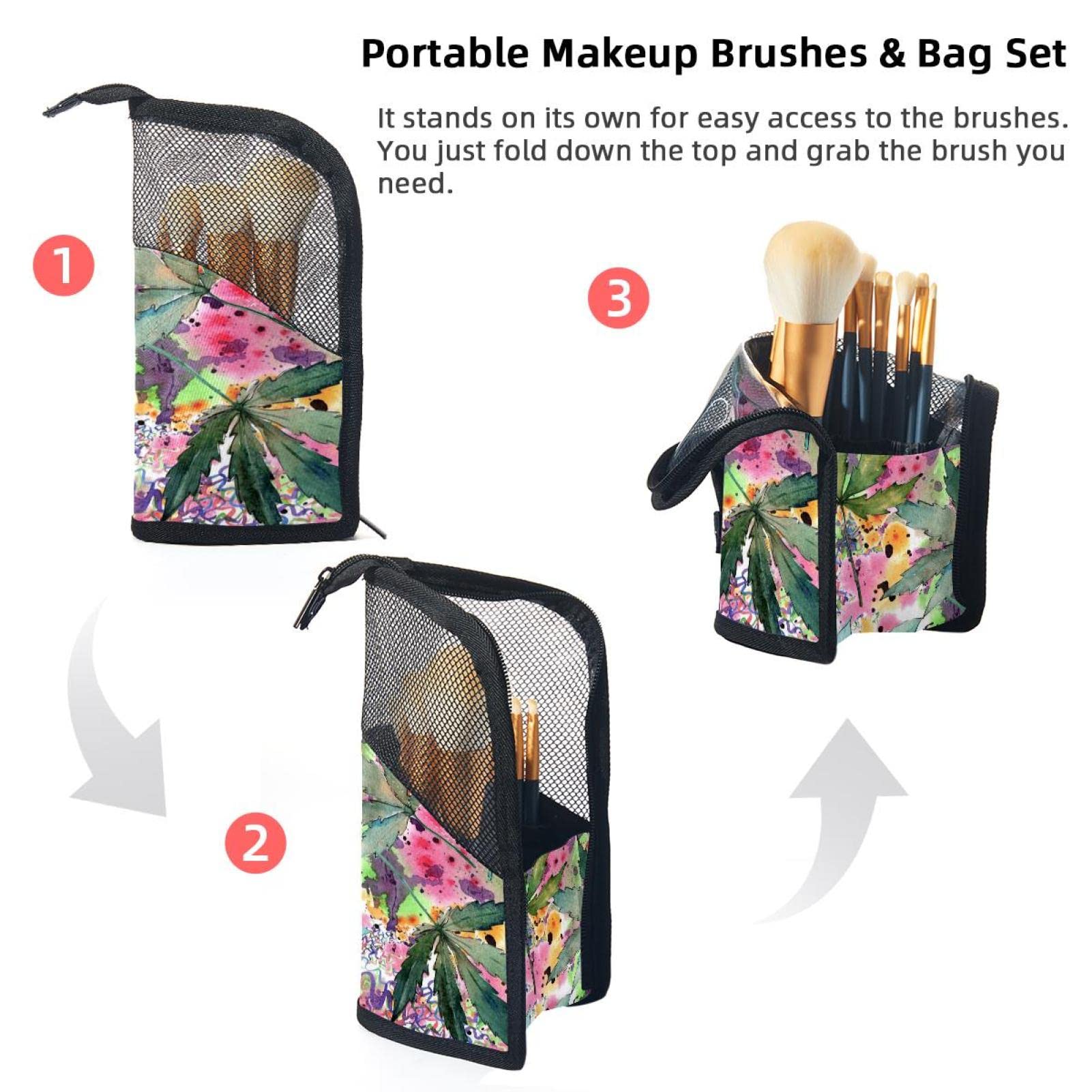 12-Piece Makeup Brush Organizer Bag with Tropical Leaf Watercolor Design - Portable Cosmetic Brush Holder Case for Travel, Home & Professional Use