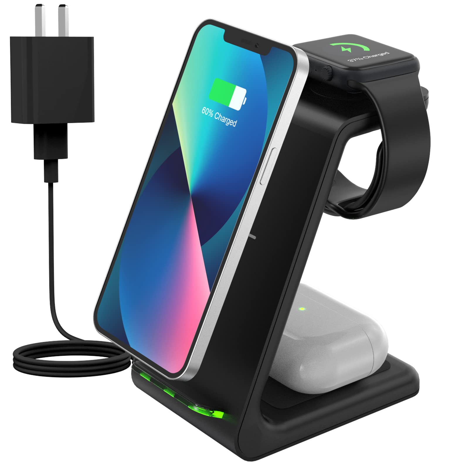 3-in-1 Wireless Charging Station for iPhone 14/13/12/11/X/8/SE, Apple Watch Series 7/6/SE/5/4/3/2 & AirPods Pro/3/2 - Fast Qi Charger for Multiple Apple Devices - Perfect for Home, Office & Travel Use