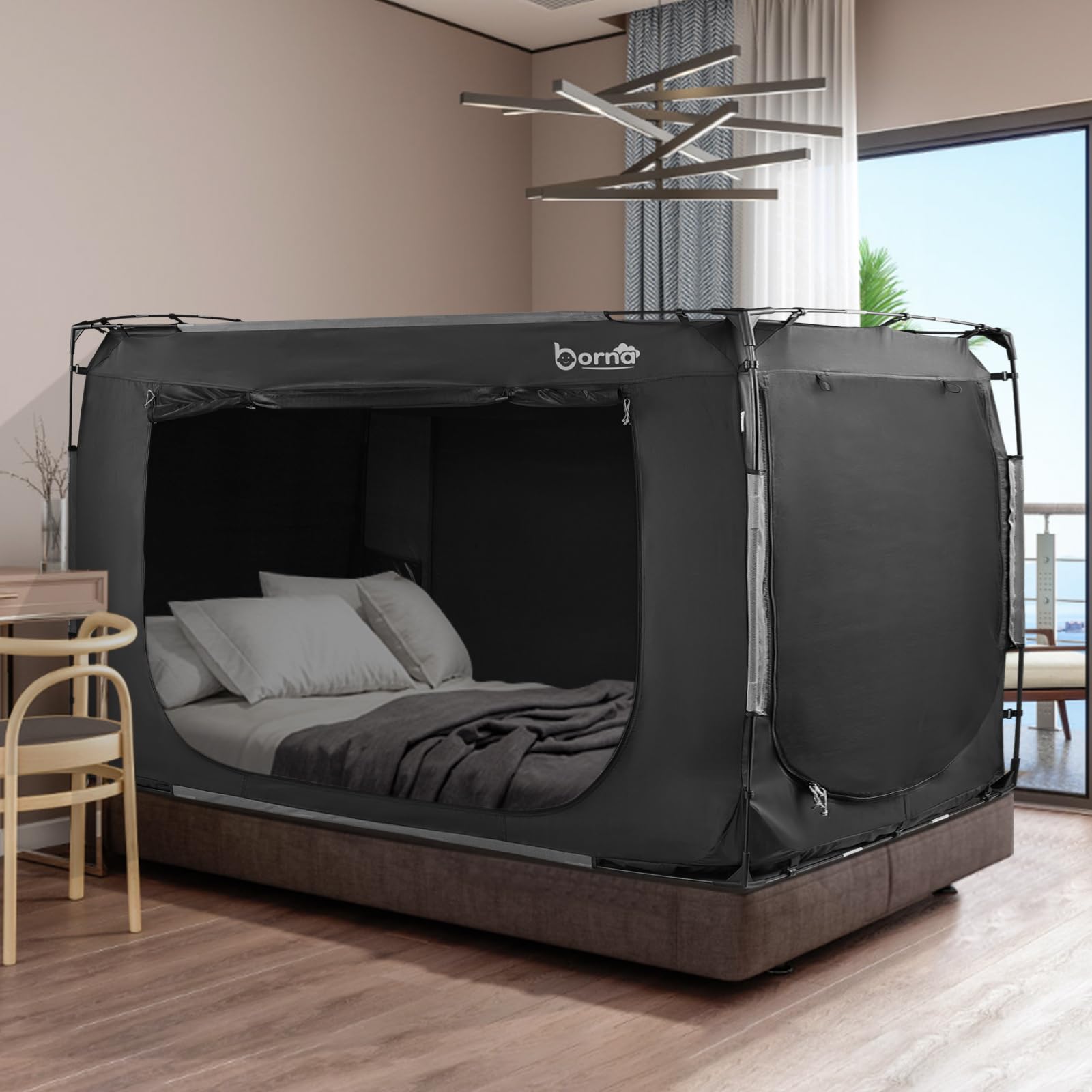 BORNA Queen Size Bed Tent Canopy for Adults & Kids - Portable Indoor Sleeping Tent with 3 Doors, Breathable Privacy Space - Perfect for Camping, Sleepovers & Privacy (Mattress Not Included)