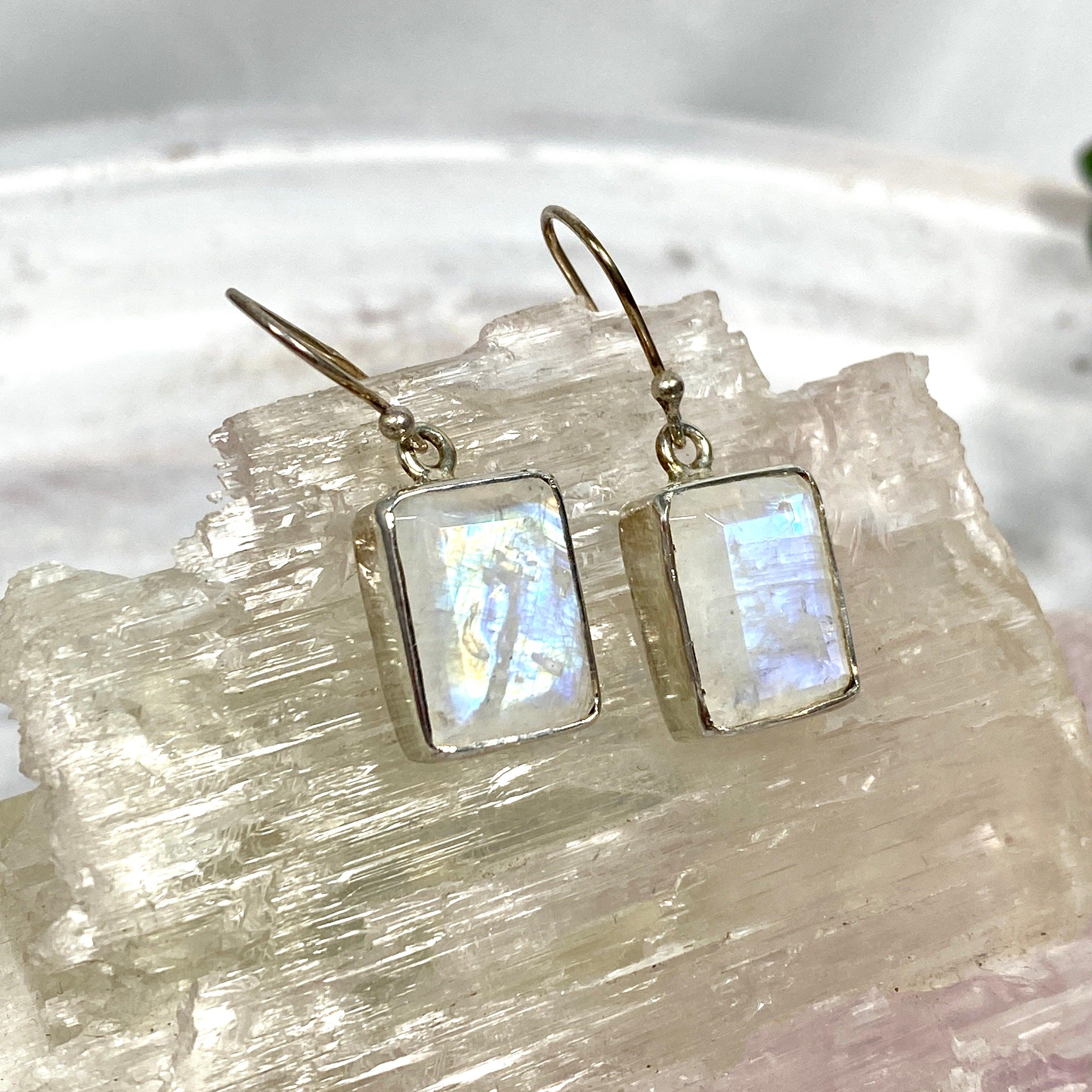 Rainbow Moonstone Faceted Rectangular Earrings for Women - Elegant Dangle Drop Jewelry for Party, Wedding & Everyday Wear - KEGJ797