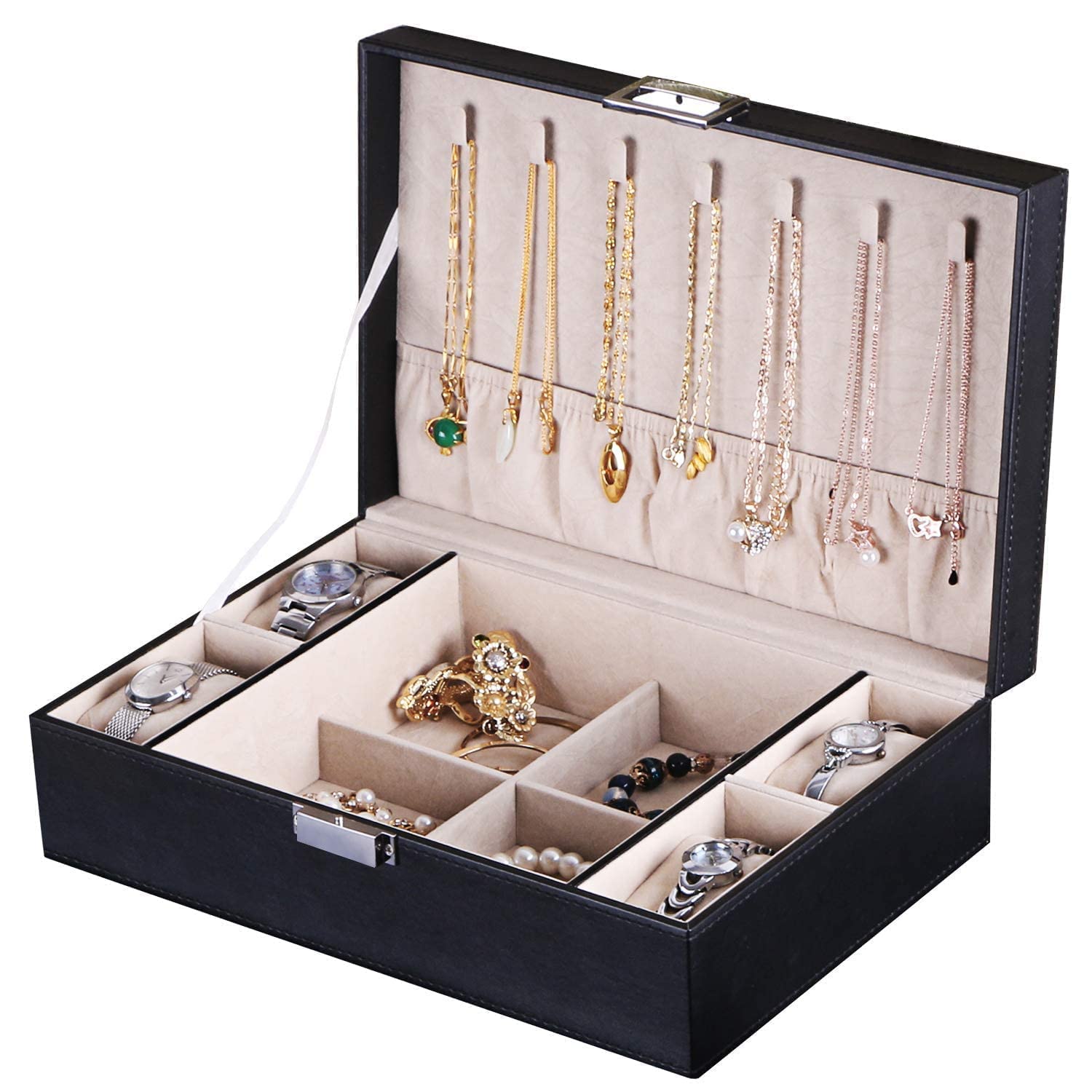 BEWISHOME Jewelry Box Organizer with 4 Watch Case, Removable Tray, Ring & Earring Holder - Perfect for Travel, Gift Giving & Jewelry Storage Organization