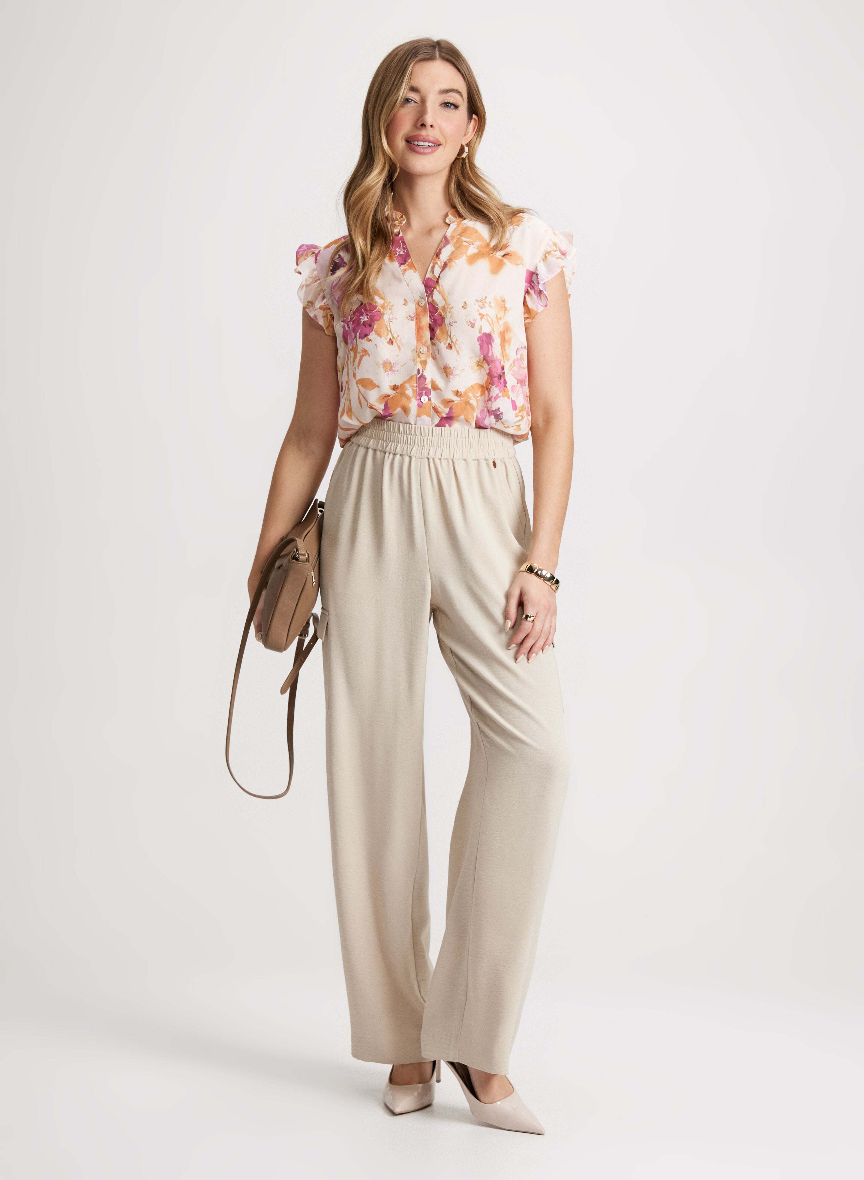 Floral Ruffled Blouse & Wide Leg Cargo Pants Set - Women's Boho Chic Outfit for Casual Wear, Date Night & Summer Vacation