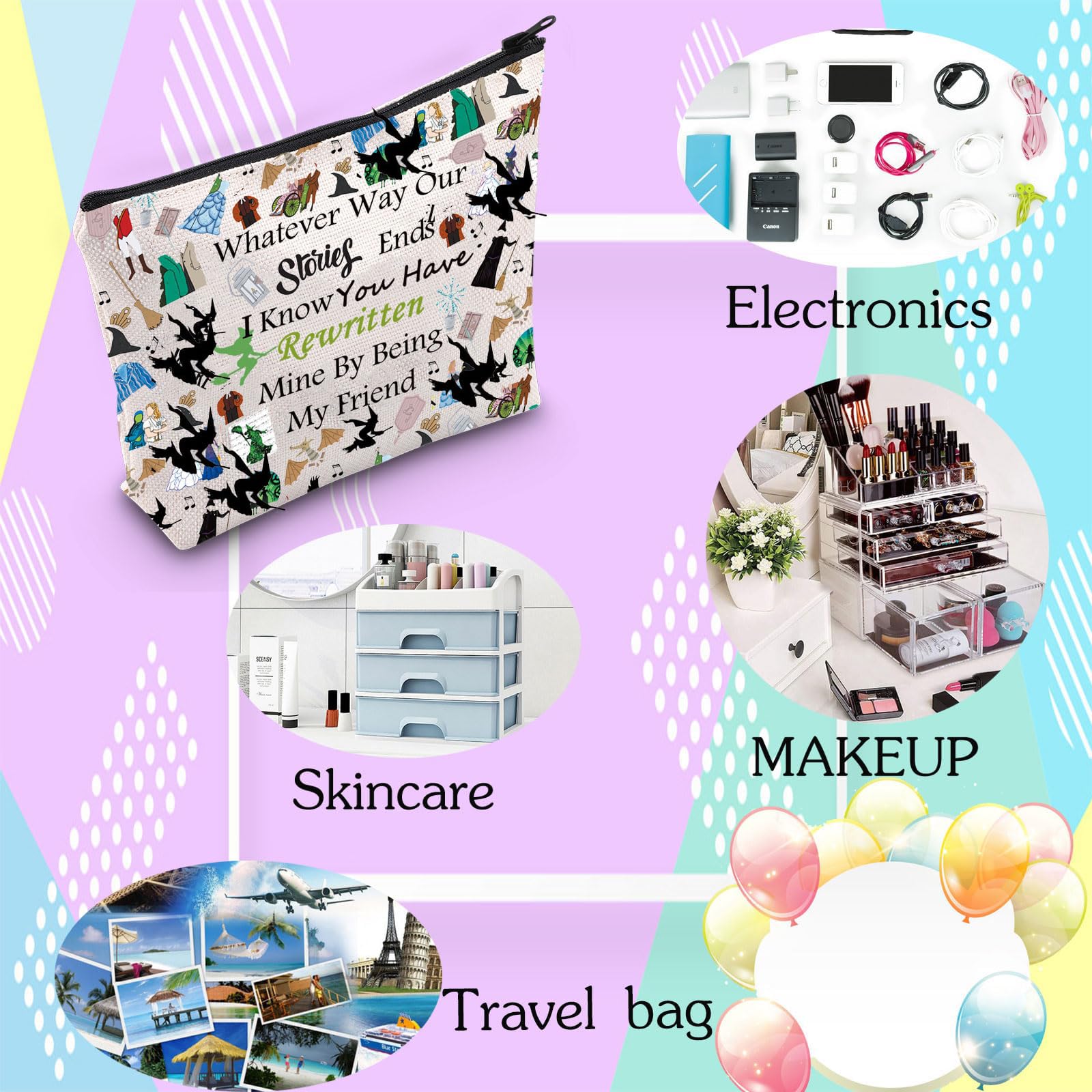 JYTAPP Disney Villains Themed Musical Makeup Bag - Witch Cosmetics Pouch with Zipper for Fans, Perfect Gift for Wicked Musical Lovers (Great for Travel, Theater & Halloween Accessories)