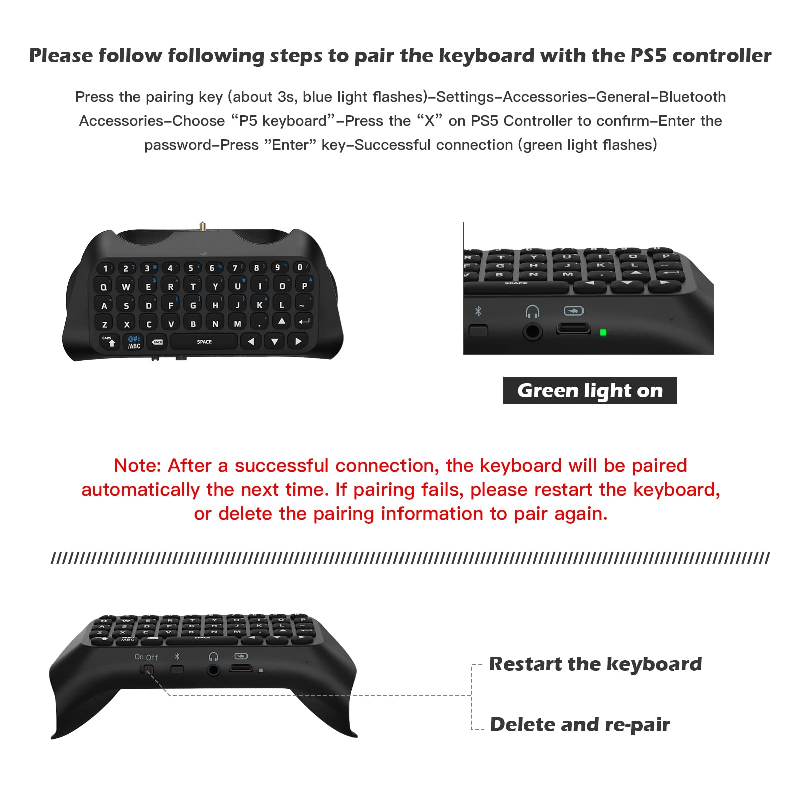 TiMOVO Wireless Bluetooth Keyboard for PS5 Controller - Mini Gaming Keyboard with Built-in Speaker & Audio Jack | Compatible with PS5 Accessories for Messaging, Live Chat & Online Gaming (Black) | Perfect for PS5 Gaming, Streaming & Social Media Interaction