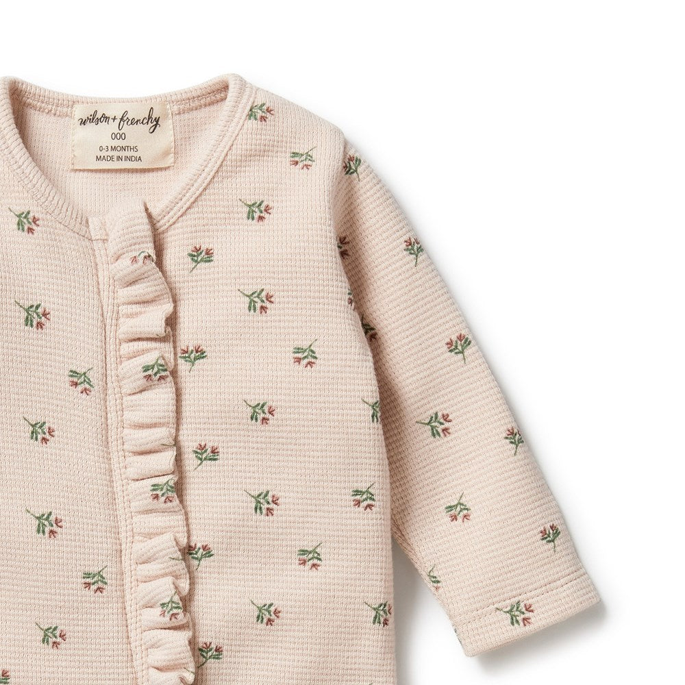 Emily Floral Organic Cotton Waffle Ruffle Zipsuit Baby Romper - Soft & Breathable for Newborns, Infants & Toddlers - Perfect for Playdates, Daycare & Family Outings