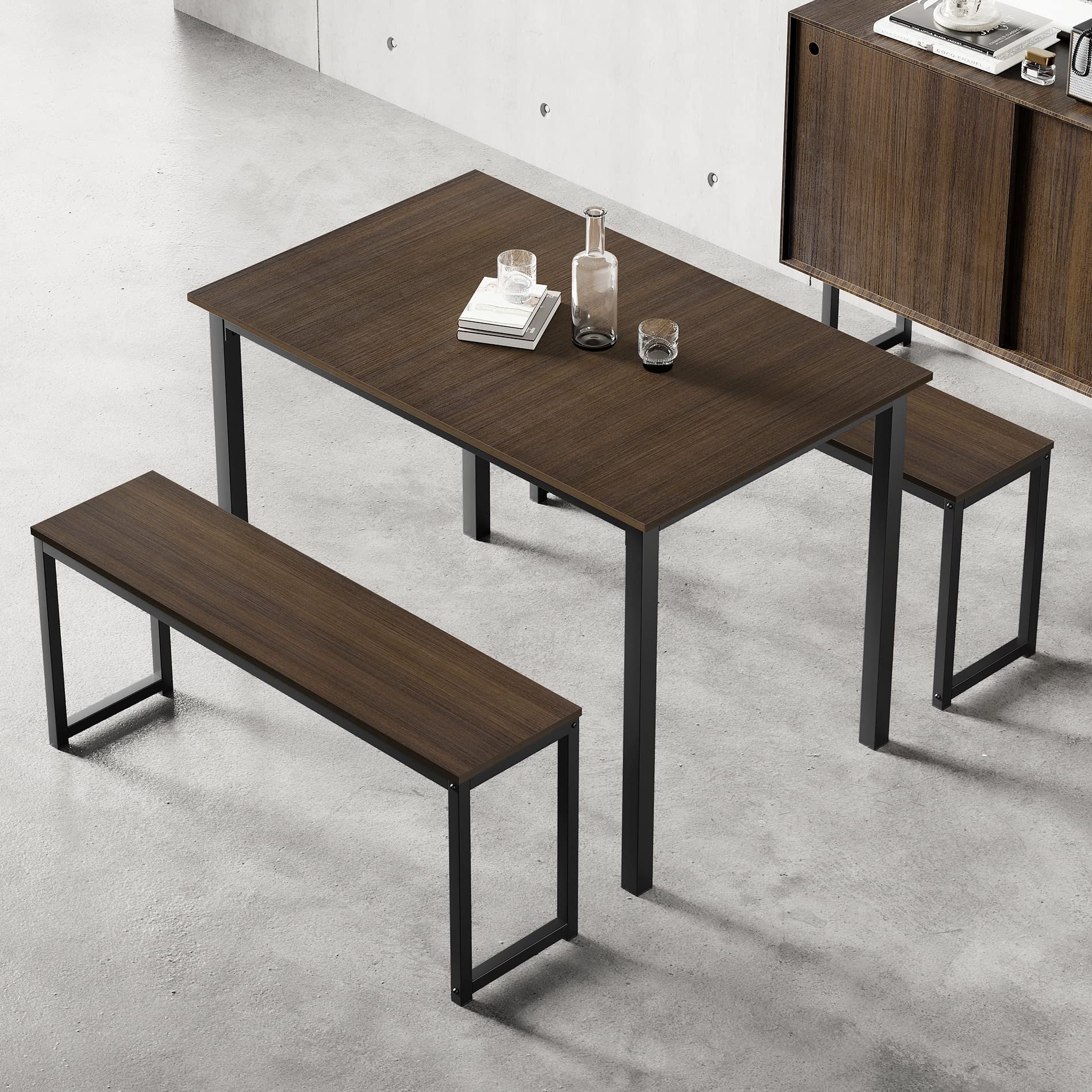 Modern 3-Piece Dining Room Table Set with Two Benches - HOMOOI Studio Kitchen Breakfast Nook in Brown | Perfect for Small Spaces, Apartments & Cozy Family Meals