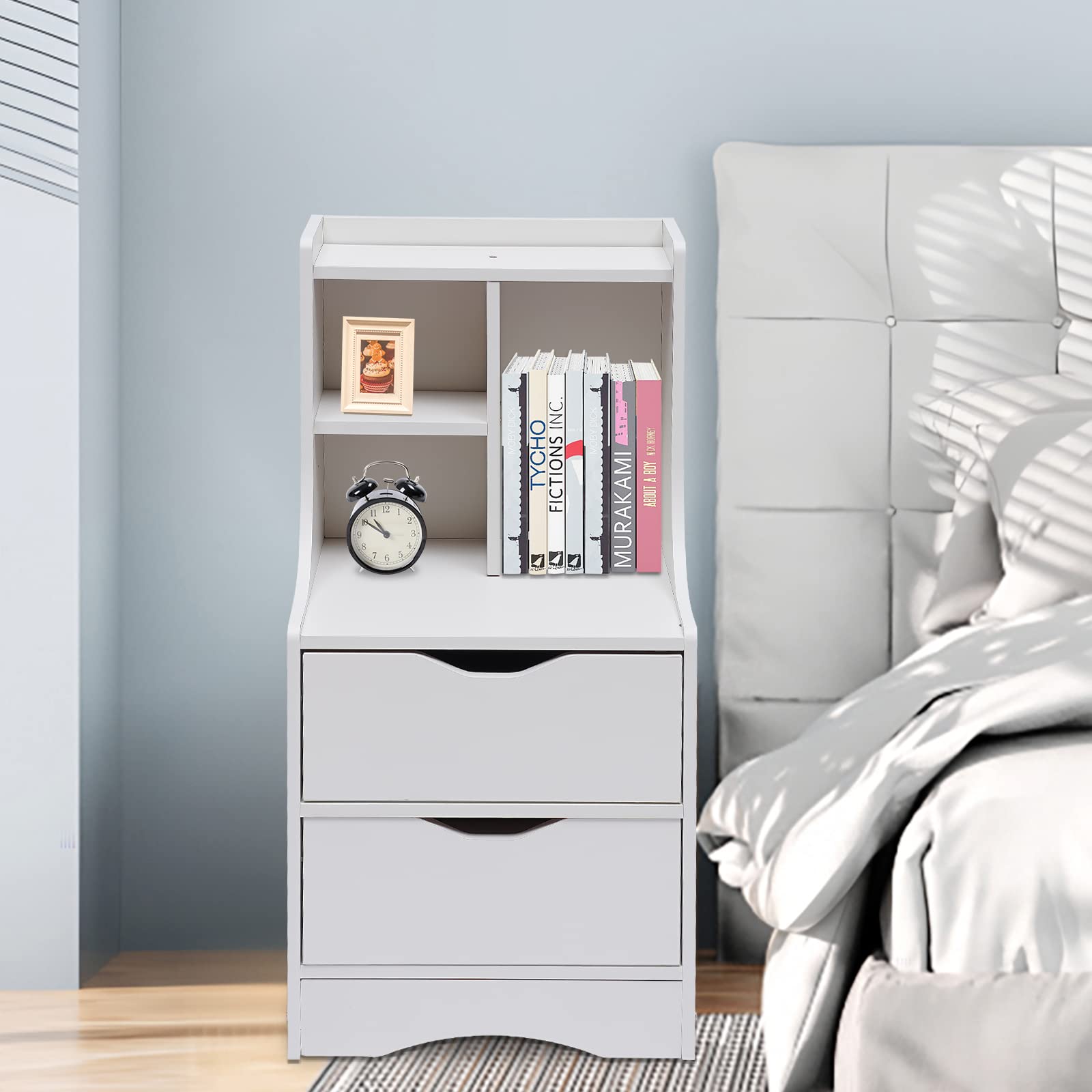 White Nightstand with 2 Drawers & Open Shelf - Solid Wood Bedside Table, Storage Cabinet for Bedroom - Perfect for Holding Lamps, Books & Alarm Clocks - Night Stand, Dresser, Night Table for Modern Home Decor