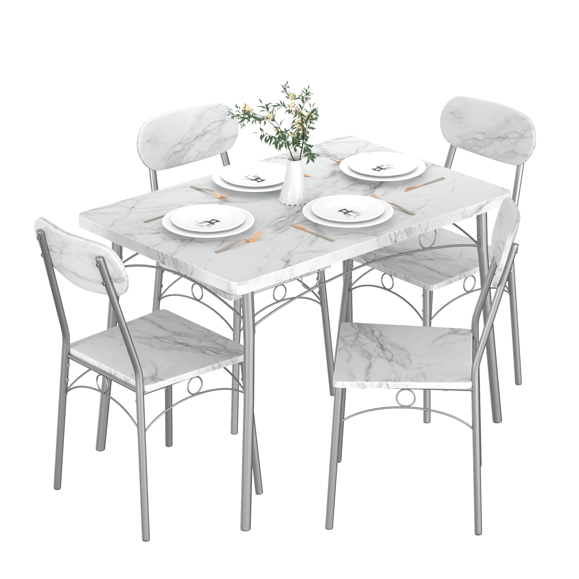 VECELO 5-Piece White Kitchen Dining Table Set for 4 with Wooden Chairs, Rectangular Dinette for Small Spaces & Apartments - Perfect for Breakfast Nook, Kitchenette & Compact Dining Areas