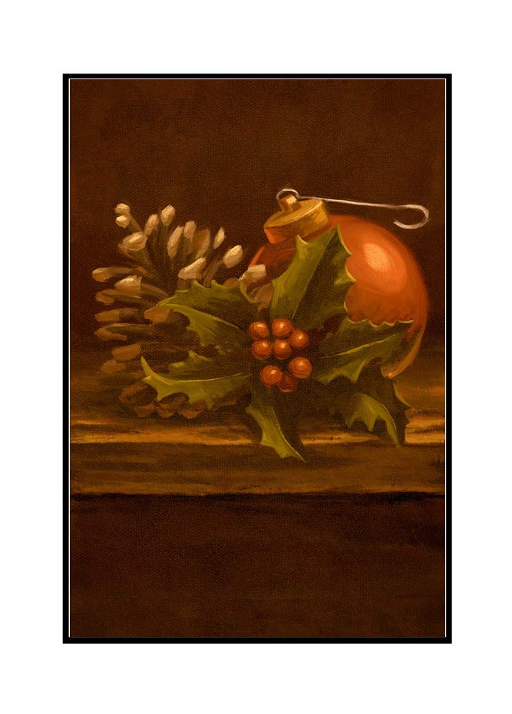 Christmas Oil Painting - Holly and Ornament Wall Art (24x36 Inch Framed Gallery Wrapped Canvas) - Perfect for Holiday Home Decor, Living Room & Office Wall Decorations