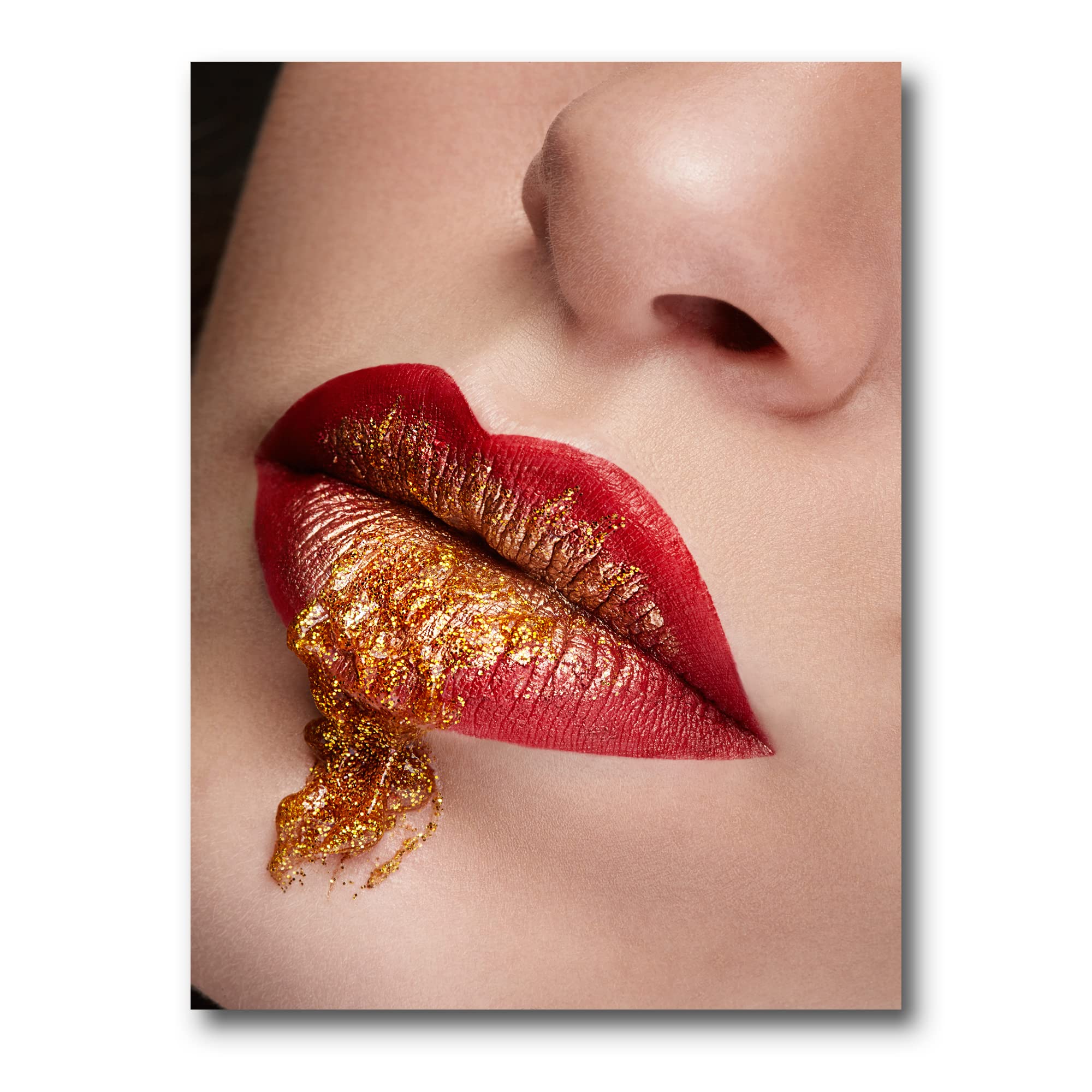 DesignQ Close Up Lips Red & Gold Makeup Modern Canvas Wall Art - Perfect for Living Room, Bedroom & Office Decor