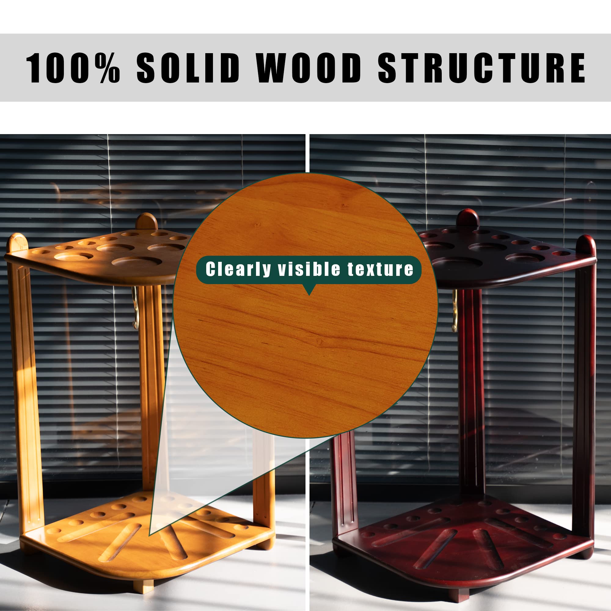 Premium 10-Cue Solid Oak Wood Billiard Pool Cue Rack Floor Stand - Heavy Duty Pool Table Accessories for Home Game Rooms & Bars