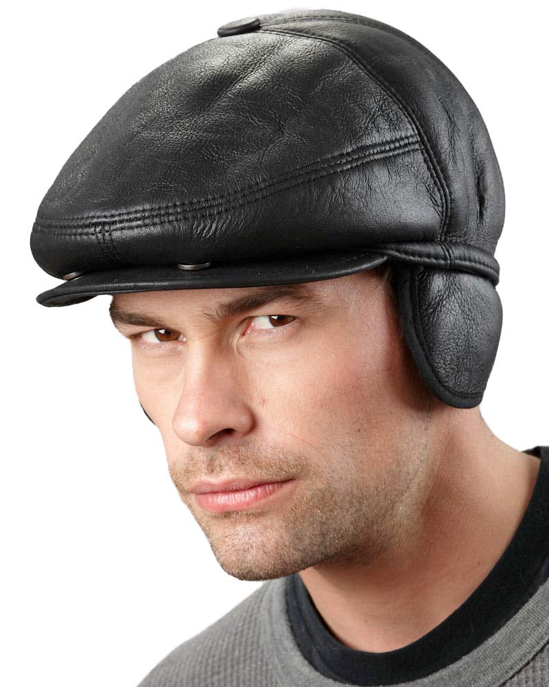 Black Shearling Sheepskin Polo Hat for Men & Women - Winter Warm Wool Lined Cap with Ear Flaps - Perfect for Skiing, Snowboarding & Outdoor Activities