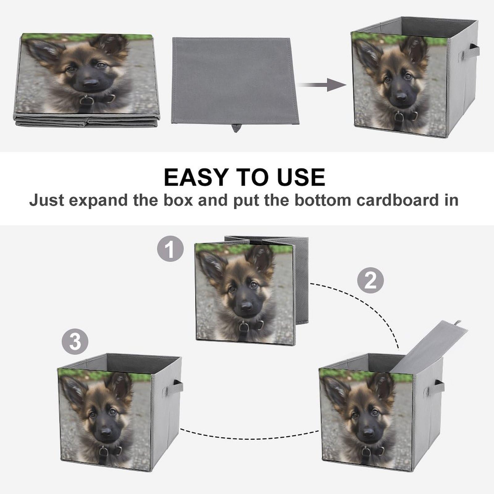 Collapsible Storage Bins 2-Pack - Stackable Foldable Storage Containers with Handles, Cute German Shepherd Puppy Design - Home Organization Cube Baskets for Closet, Nursery, Office & Laundry Room