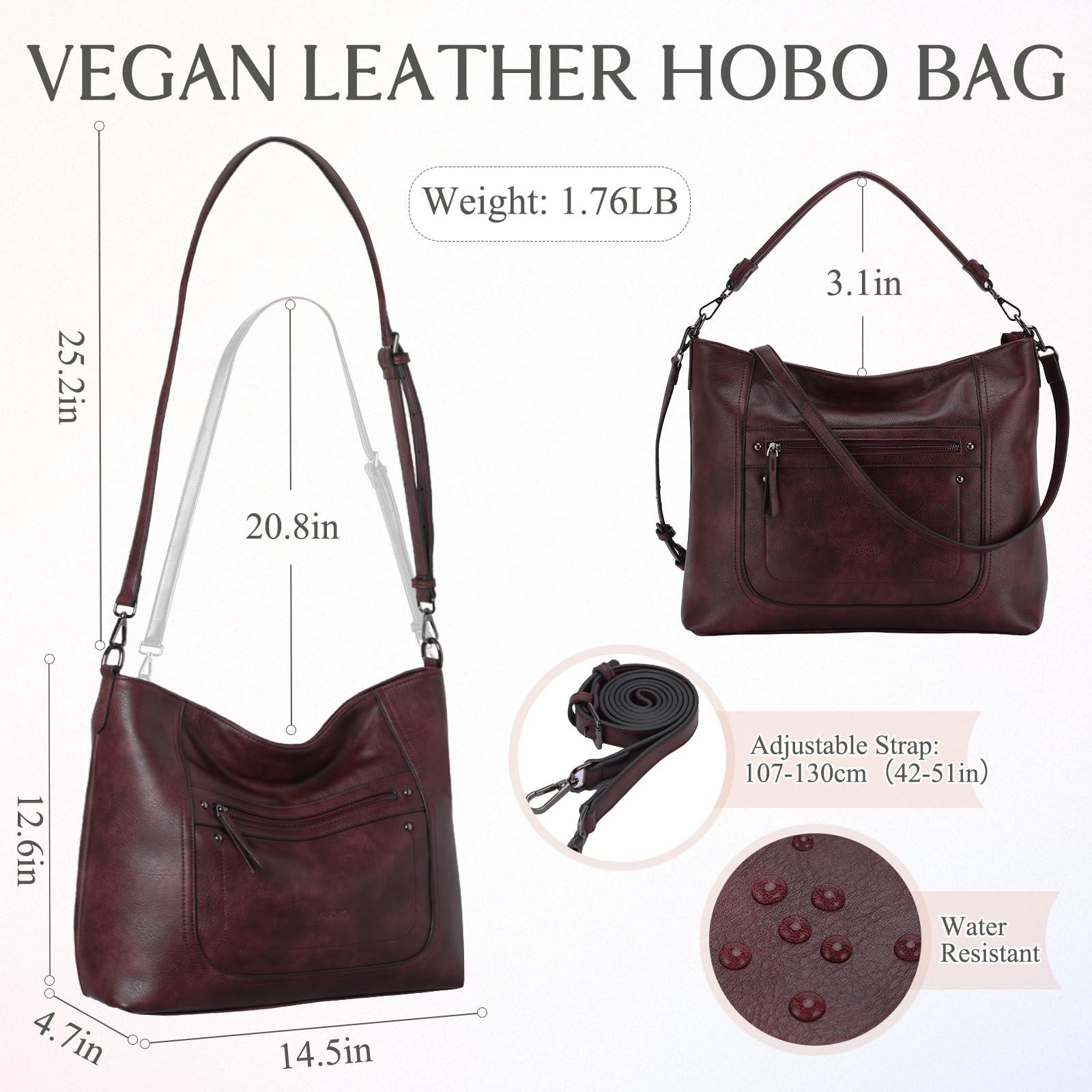 VASCHY Vegan Leather Hobo Bag for Women - Large Tote & Crossbody Purse for Work & Travel