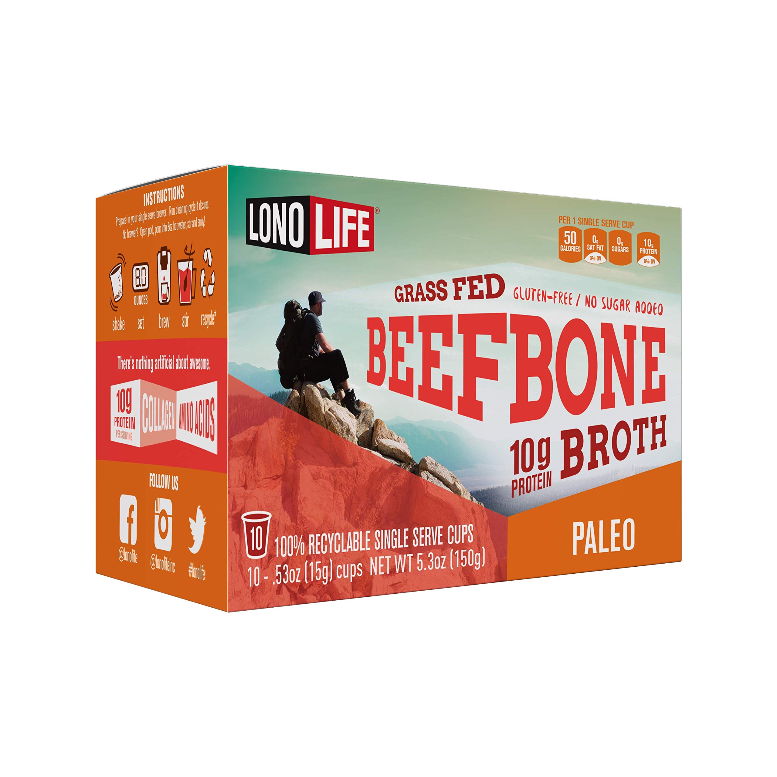 LonoLife Grass-Fed Beef Bone Broth Powder Mix - 10g Protein, Collagen Rich, Keto & Paleo Friendly - 10 Single-Serve Cups - Natural Ingredients for Soups, Stews & Healthy Lifestyle