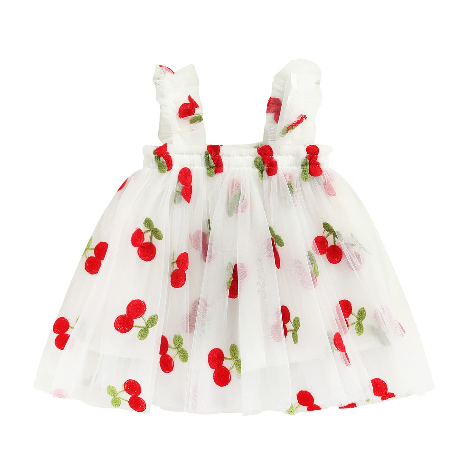 Infant Toddler Baby Girl Summer Dress - Sleeveless Floral Fruit Embroidery Casual Mesh Tutu Puff Dress for Playdates, Beach Outings & Birthday Parties