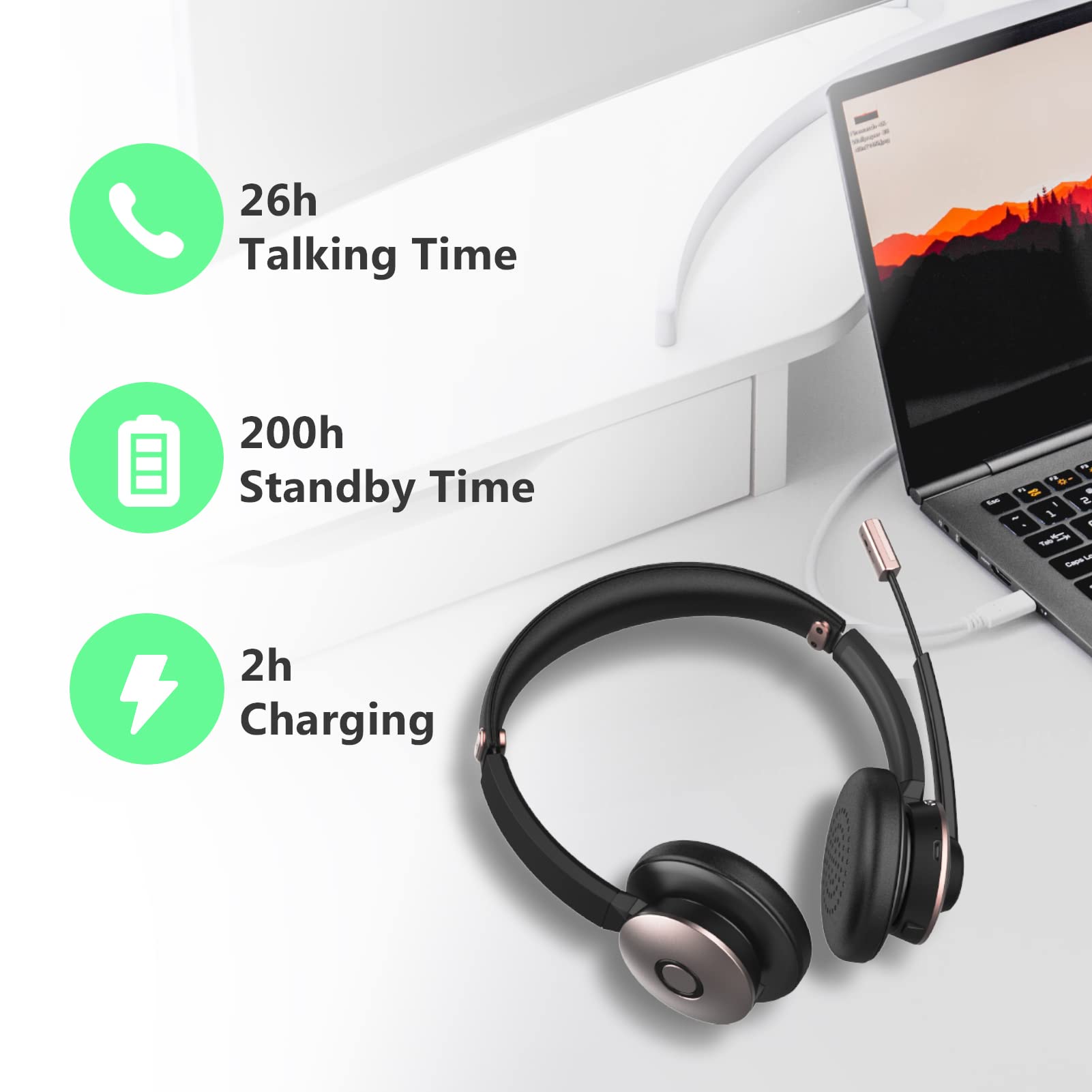 Wireless Bluetooth Headphones with Microphone - Noise Cancelling On-Ear Headset for PC/Laptop, 26H Playtime & Dual Connect - Ideal for Zoom, Microsoft Teams, Skype Calls, Gaming & Remote Work