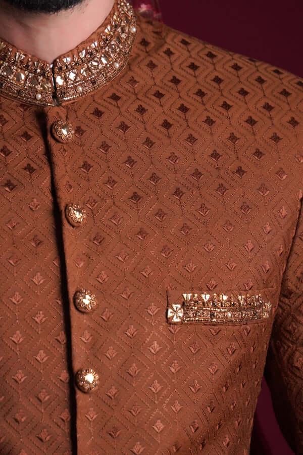 Elegant Bronze & Brown Embroidered Sherwani Set for Men | Traditional Indian Wedding Attire | Perfect for Weddings, Festivals & Special Occasions