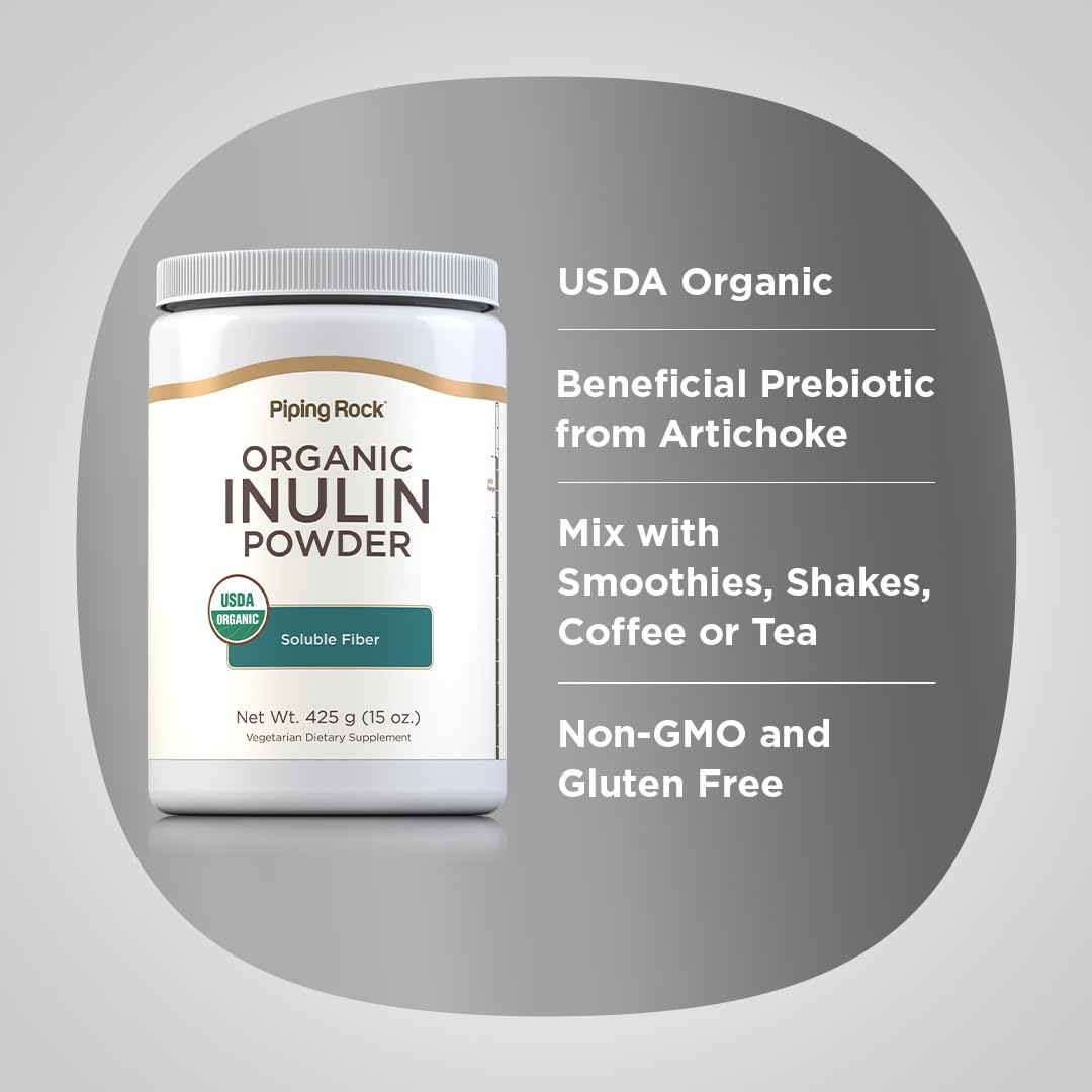 Piping Rock Organic Inulin Powder 15 oz - Soluble Fiber Supplement & FOS Powder | Vegetarian, Non-GMO, Gluten Free | Supports Gut Health & Digestion | Perfect for Smoothies, Baking & Coffee