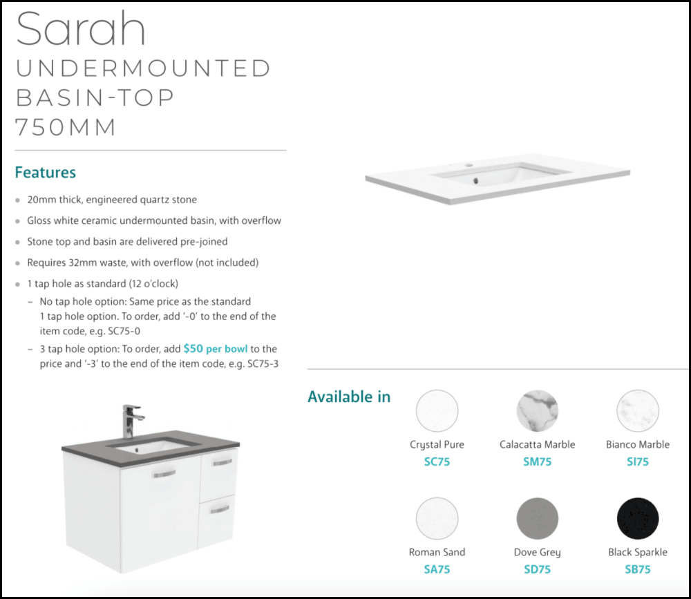 Fienza Crystal Pure 750mm Undermount Bathroom Vanity with Stone Top - SC75ZL Wall Hung Vanity Unit, Left Drawers, Fingerpull Handle, Satin White Finish | Perfect for Modern Bathrooms, Powder Rooms & Small Space Solutions
