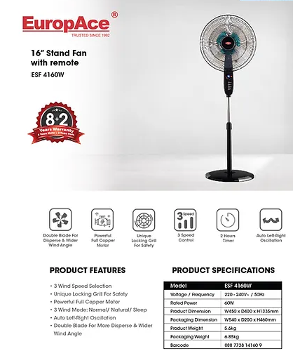 EuropAce ESF 4160W 16-Inch High Velocity Dual Blade Standing Fan with Remote Control - Perfect for Home, Office, and Outdoor Cooling