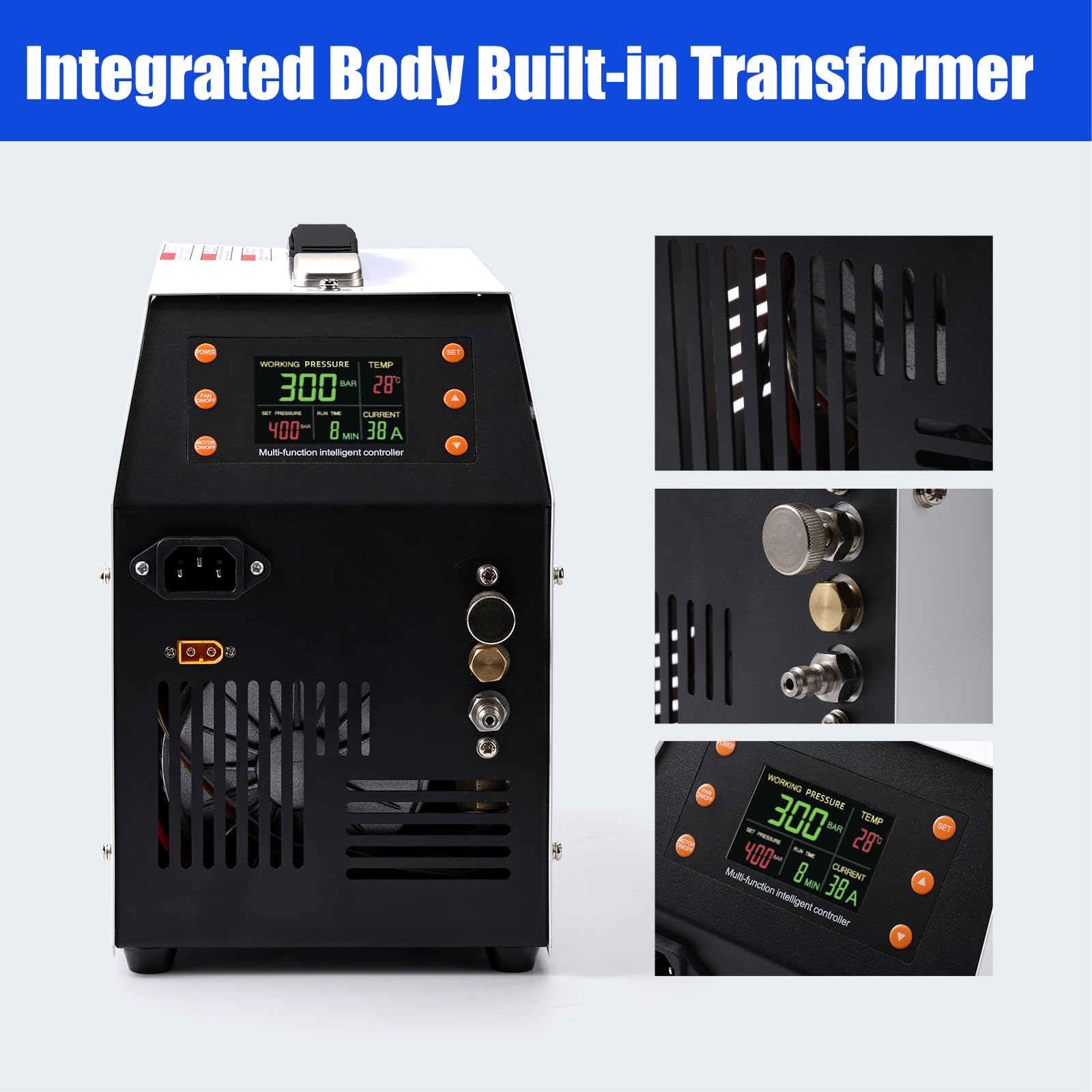 12V 300Bar 4500PSI/30MPA Oil-Free PCP Air Compressor with LCD Display & Built-in Power Adapter - Portable High Pressure Air Pump for PCP Rifles, Scuba Tanks, Paintball & Airsoft Guns - Perfect for Hunting, Diving & Outdoor Sports