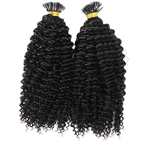 Long Kinky Curly Pre Bonded Fusion I-Tip Human Hair Extensions 100g/100 Strands (24 Inch, Natural Black) - Mongolian Virgin Hair for Volume & Length | Perfect for Protective Styles, Braids & Natural Hair Blending