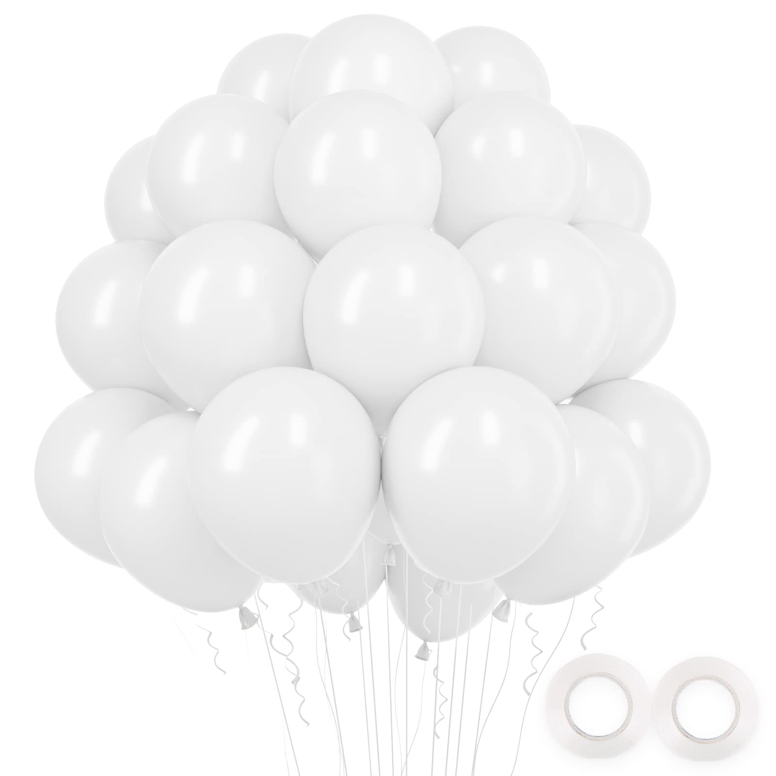RUBFAC 100-Pack 12 Inch White Latex Balloons with White Ribbon - Helium Ready for Wedding, Baby Shower, Graduation, Anniversary, Birthday & Bachelorette Party Decorations - Perfect for Indoor & Outdoor Celebrations