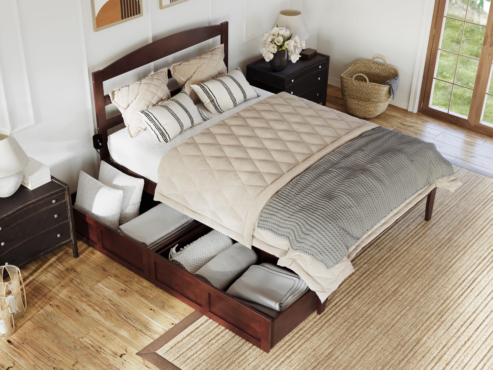 AFI Warren Full Platform Bed with Storage Drawers (Set of 2) and USB Charging Ports, Walnut Finish - Modern Bedroom Furniture for Small Spaces with Underbed Storage and Device Charging