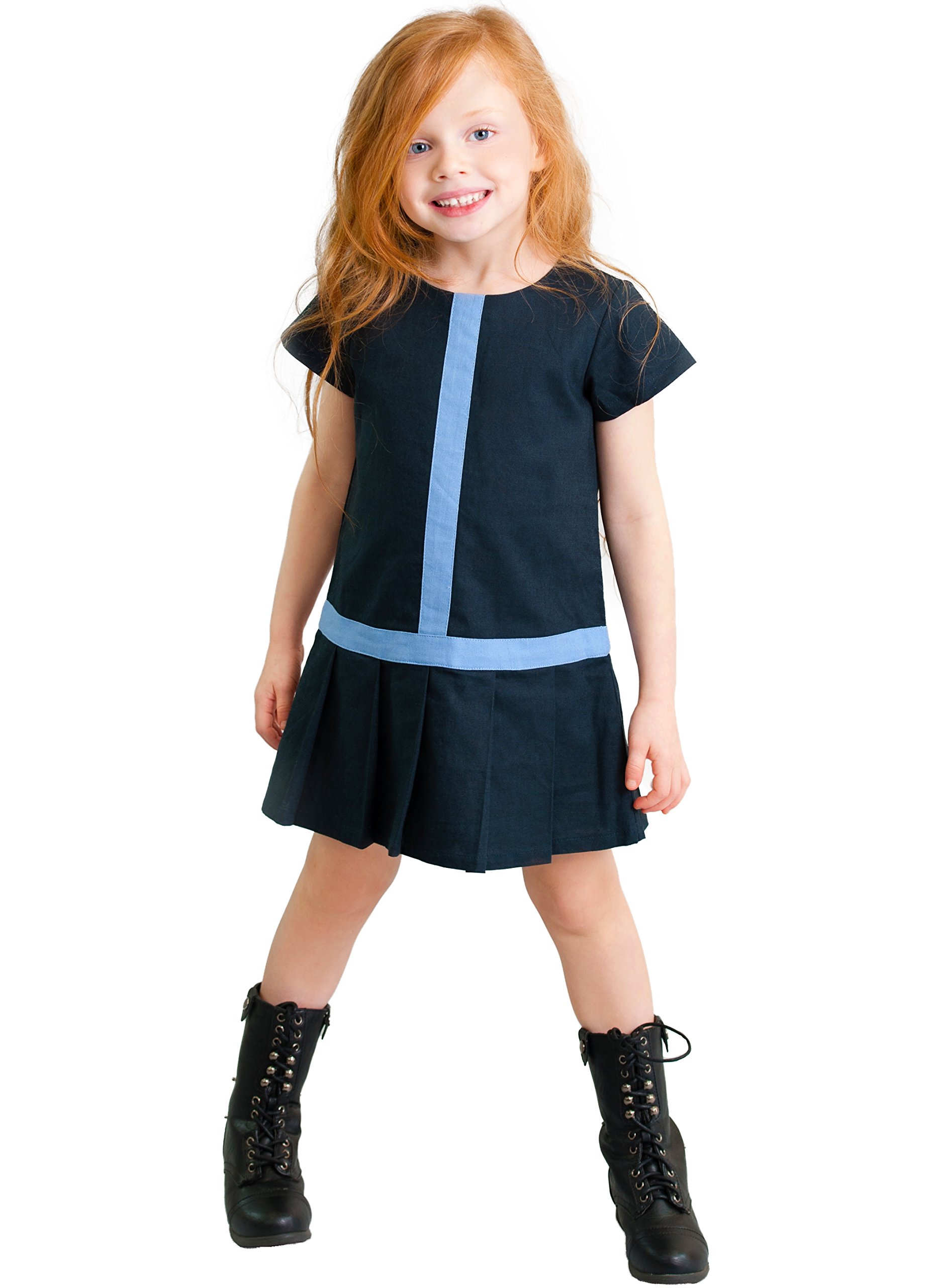 Girls Pleated Preppy Dress in Navy Blue - Cotton Linen Blend | School Uniform & Casual Outfit | Perfect for Class, Parties & Everyday Wear