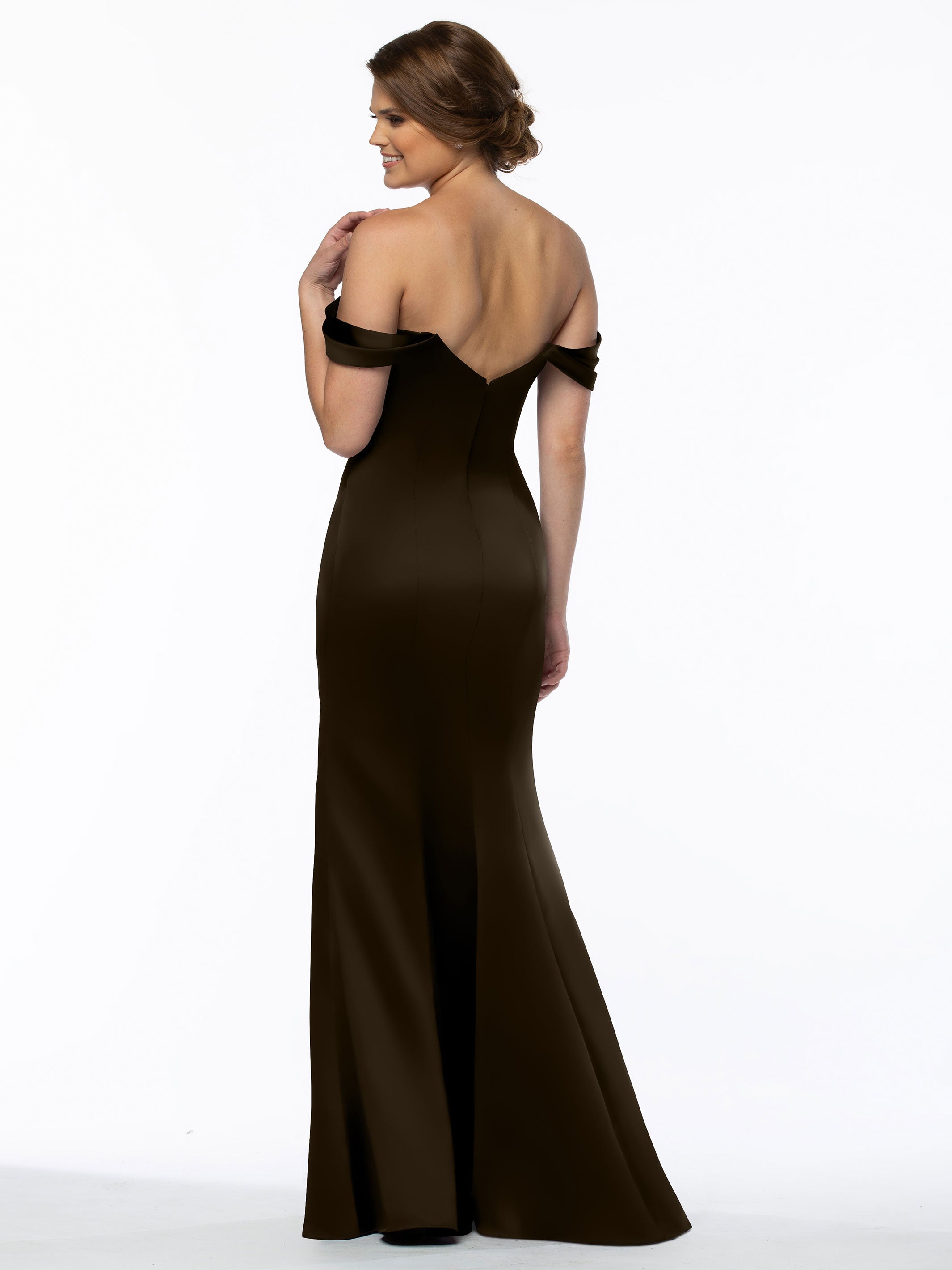 Elegant 80151 Fitted Satin Bridesmaid Dress with Off-The-Shoulder Sleeves - Perfect for Weddings, Formal Events & Special Occasions