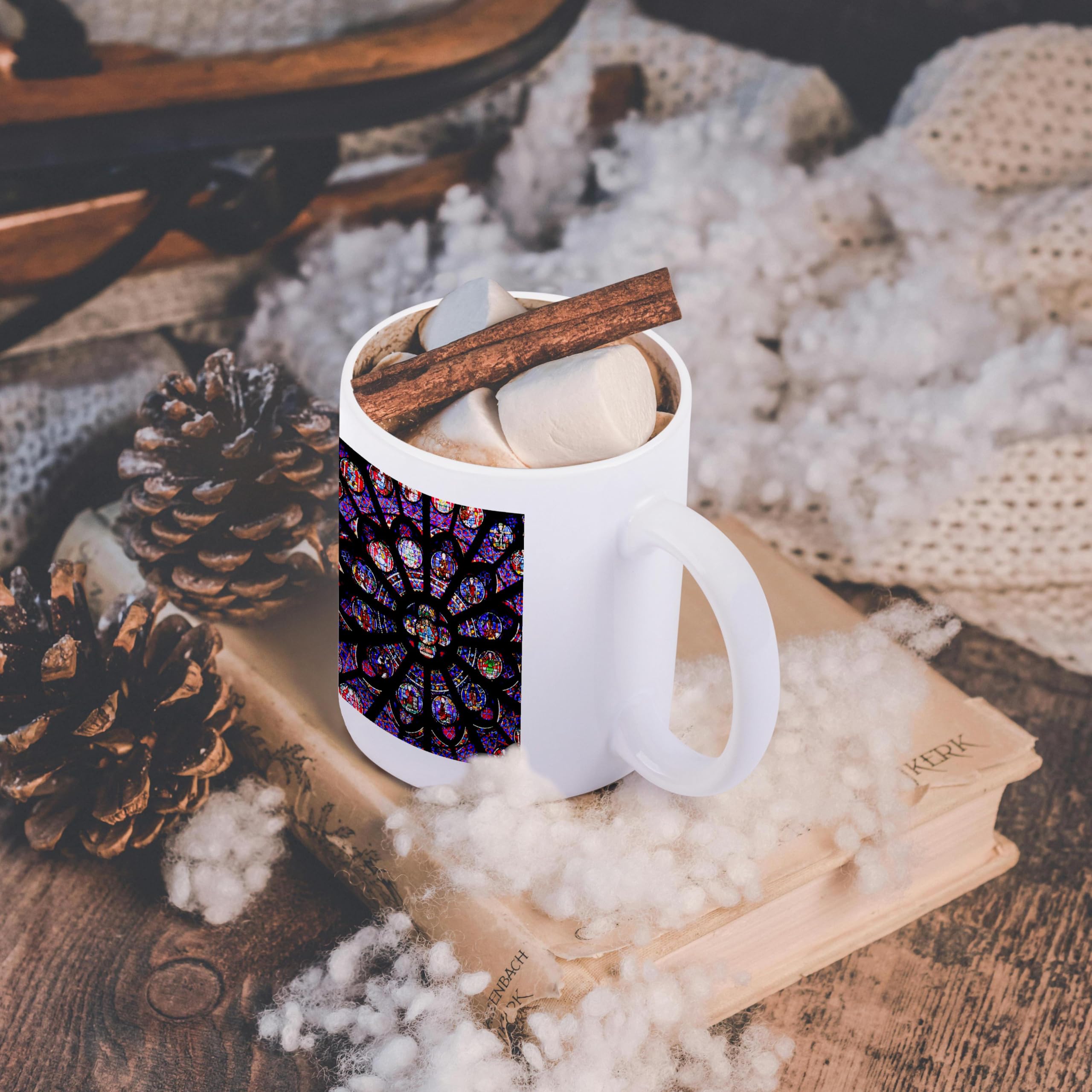 3D Rose France Paris Notre-Dame Cathedral Stained Glass Windows 15 oz Ceramic Mug - Perfect for Coffee, Tea, and Office Use