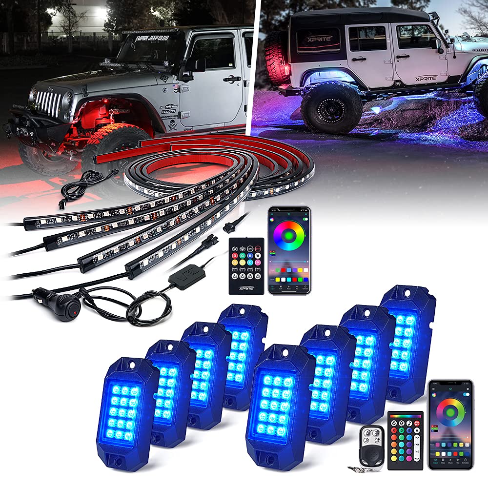 RGB Car Underglow Bluetooth Lights Kit & RGB Bluetooth Rock Lights Kit - Multicolor Neon Car Lighting for Underglow, Footwell, Wheel Well (Perfect for Night Driving, Car Shows, and Custom Vehicle Lighting)