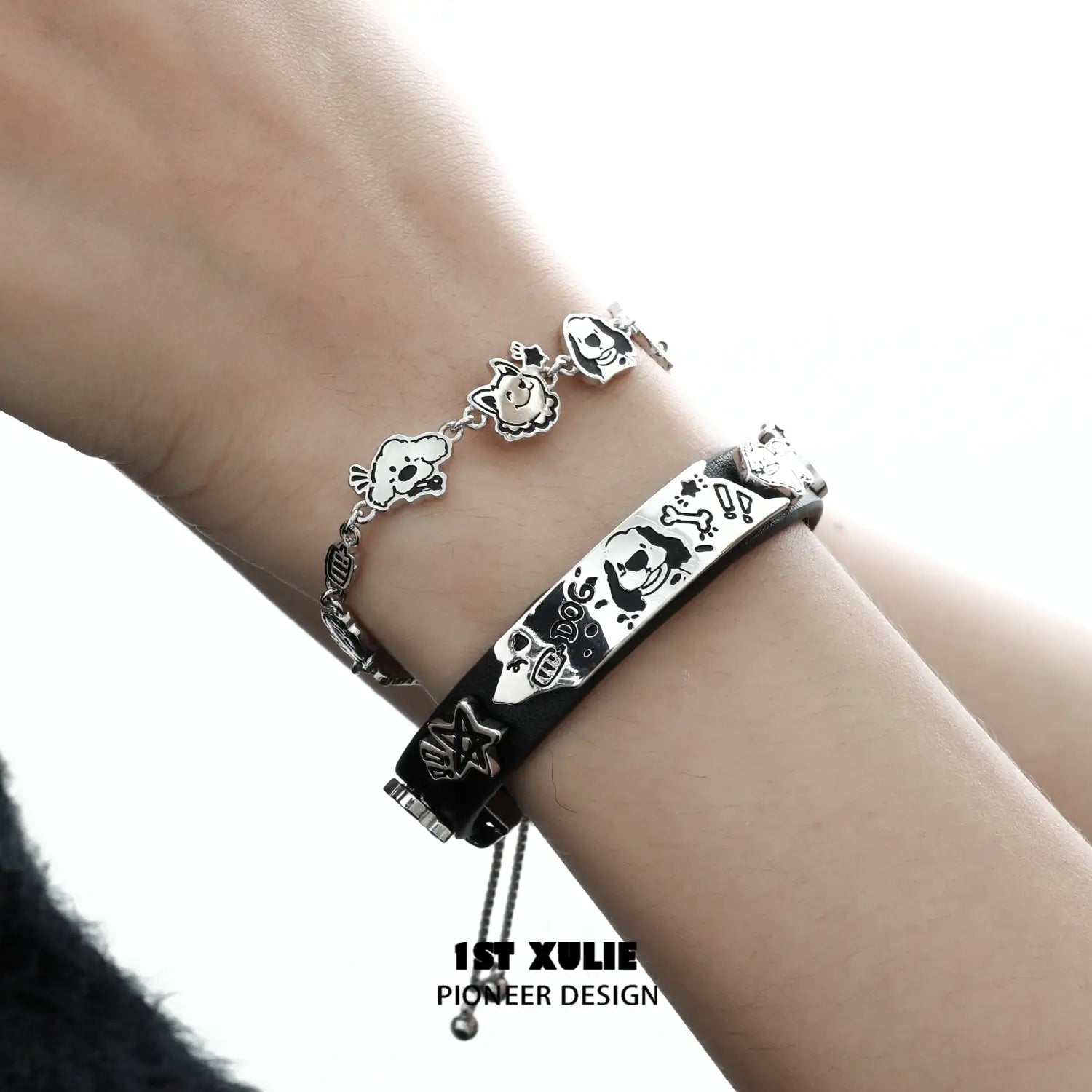 18K Platinum Plated Graffiti Puppy Leather Bracelet for Women & Men - Trendy Punk Rock Jewelry Gift for Birthday, Anniversary & Valentines Day - Perfect for Concerts, Parties & Streetwear Fashion