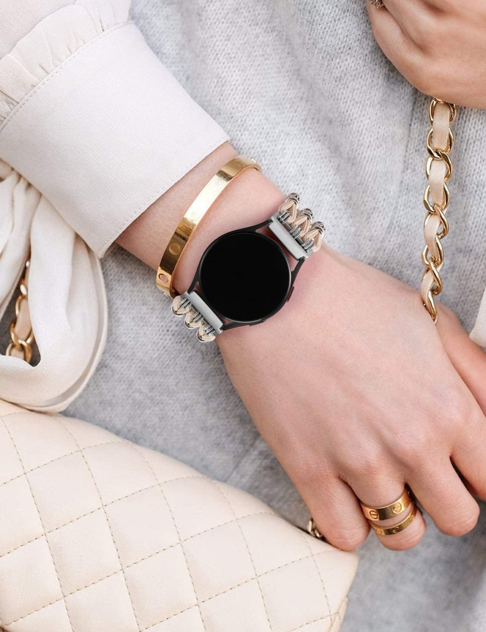 Elastic Beaded Boho Strap for Samsung Galaxy Watch 7/6/5/4/Active 2 - 20mm Stylish Solo Loop Watch Band for Women (Starlight) - Perfect for Workouts, Yoga & Everyday Fashion Accessory