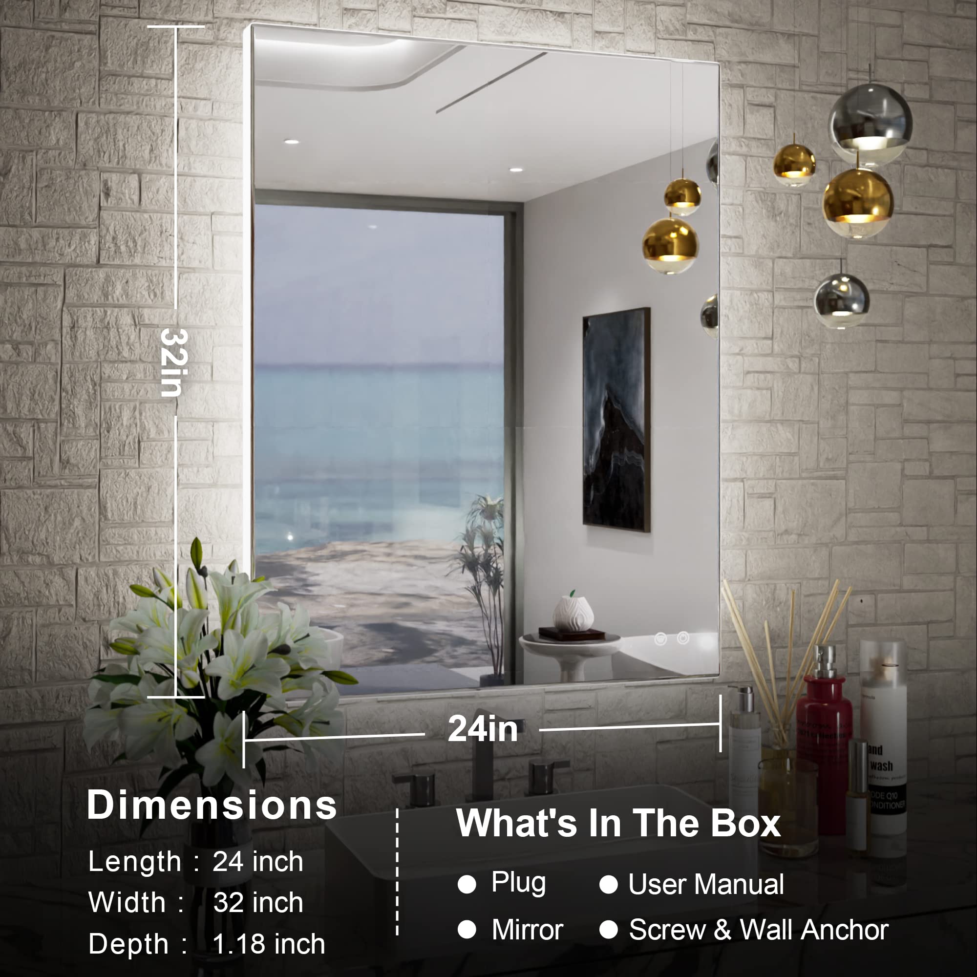 24 x 32 Inch LED Backlit Bathroom Vanity Mirror - Anti-Fog, Dimmable, CRI90+, Touch Control, Waterproof, Horizontal/Vertical Mount - Perfect for Makeup, Shaving & Home Decor